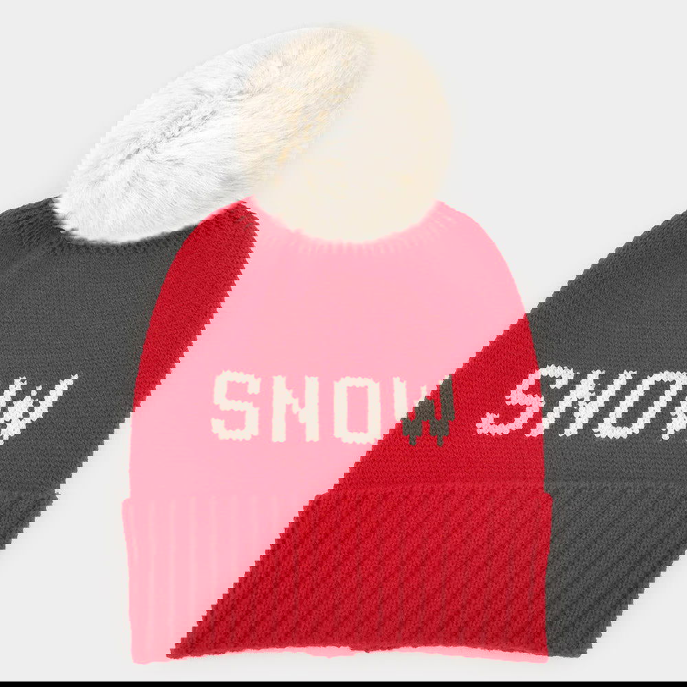 Red Snow Message Faux Fur Pom Pom Cable Knit Beanie Hat - Winter Warm Knitted Cap for Women & Men - Perfect for Skiing, Snowboarding & Cold Weather Fashion