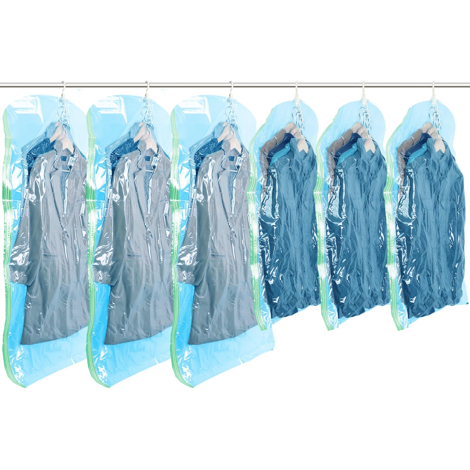 Vacuum Storage Bags for Clothes - 6 Pack (3 Long + 3 Short) Space Saver Compression Bags for Suits, Jackets & Seasonal Clothing | Closet Organizer & Travel Storage | Blue