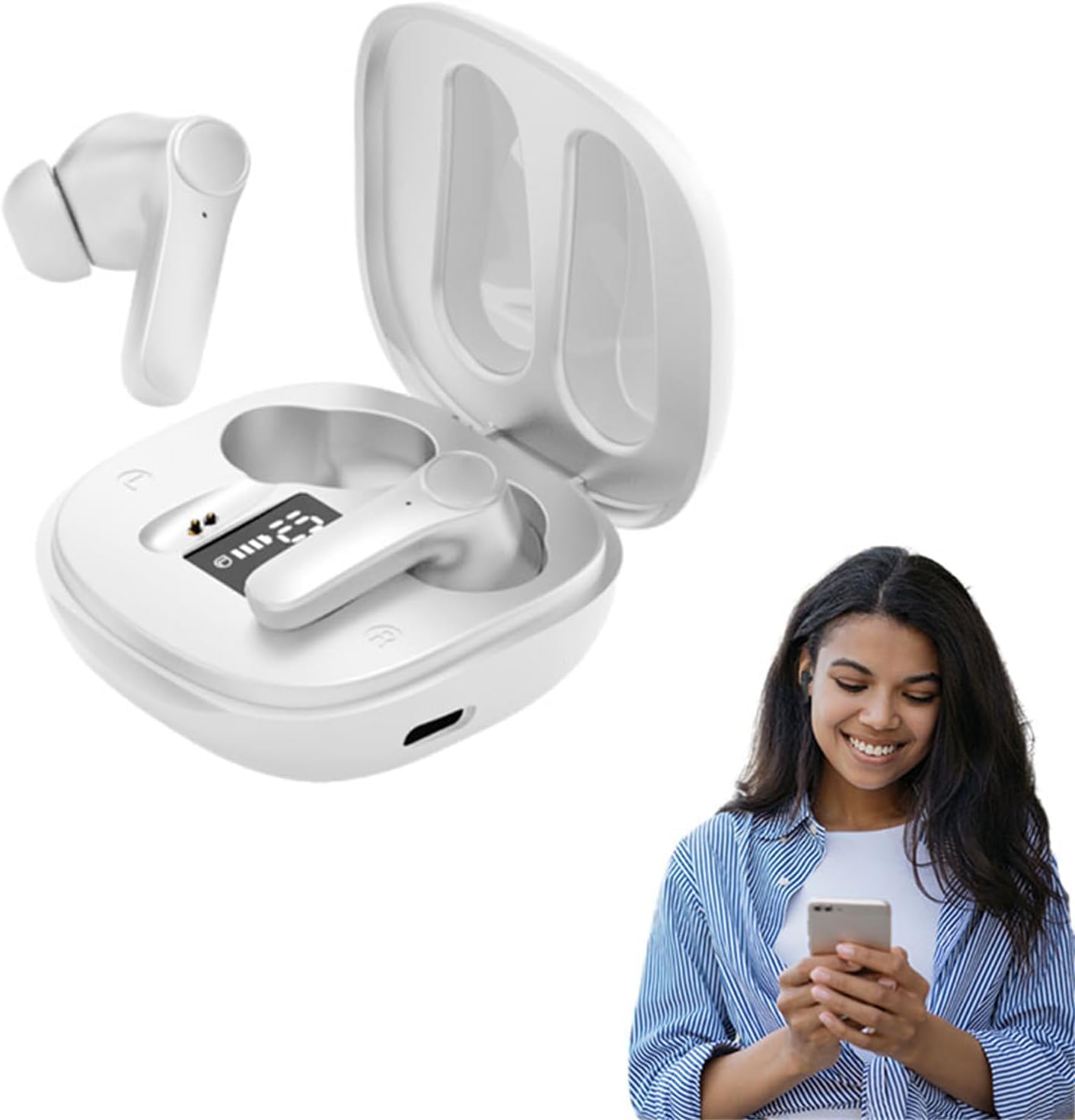 Echo Connect Wireless Bluetooth Earbuds with Real-Time Language Translation - Portable In-Ear Translator Headphones for Travel, Business & Multilingual Communication (White)