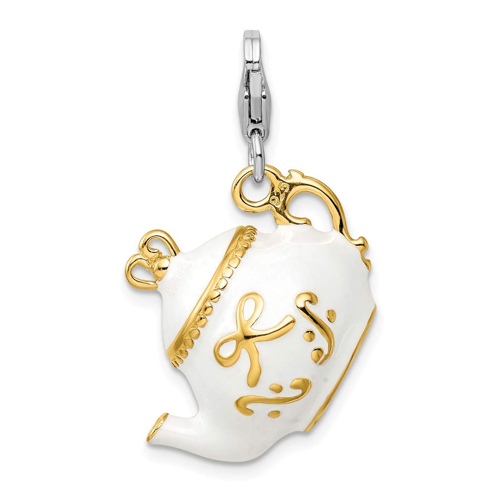 925 Sterling Silver Gold-Plated Enamel Teapot Charm Pendant with Lobster Clasp - Perfect for Necklace, Bracelet & Jewelry Making DIY Projects