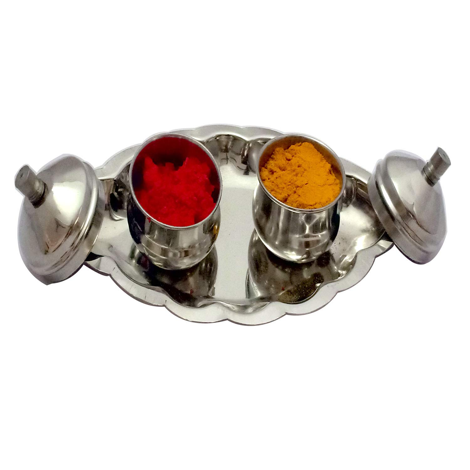 Elegant Haldi Kumkum Thali Containers Set - 2 Pcs Brass Puja Plate for Hindu Rituals | Home & Office Décor | Perfect for Diwali, Weddings & Daily Worship