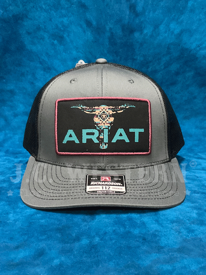 Ariat A300085907 Bull Skull Patch Cap - Charcoal Grey Cowboy Hat for Men - Perfect for Rodeo, Ranch Work & Western Fashion