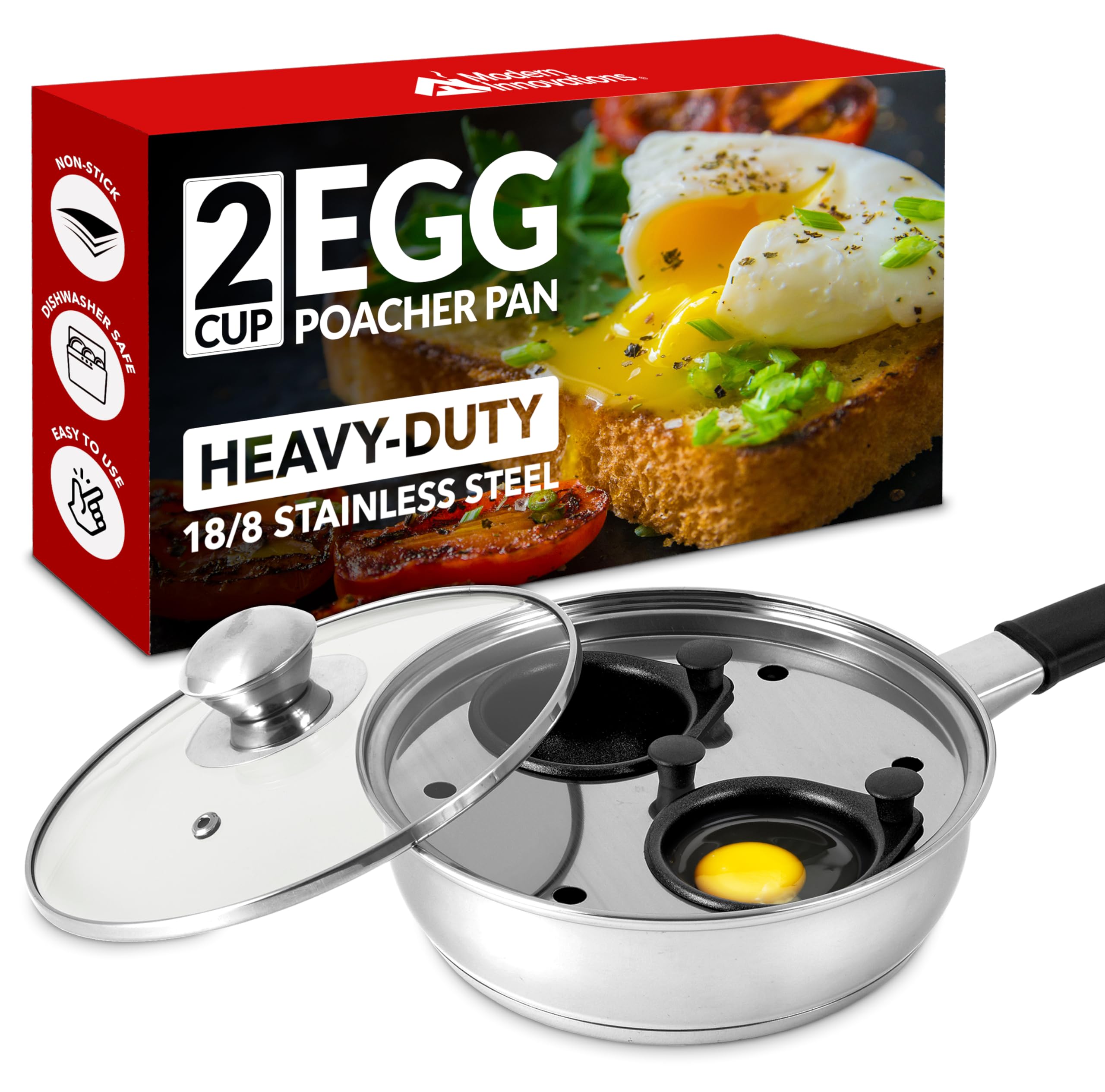 Nonstick Egg Poacher Pan with 2 Cups - Stainless Steel Poached Egg Cooker for Perfect Eggs Benedict | PFOA-Free Silicone Spatula Included | Ideal for Breakfast, Brunch & Healthy Cooking