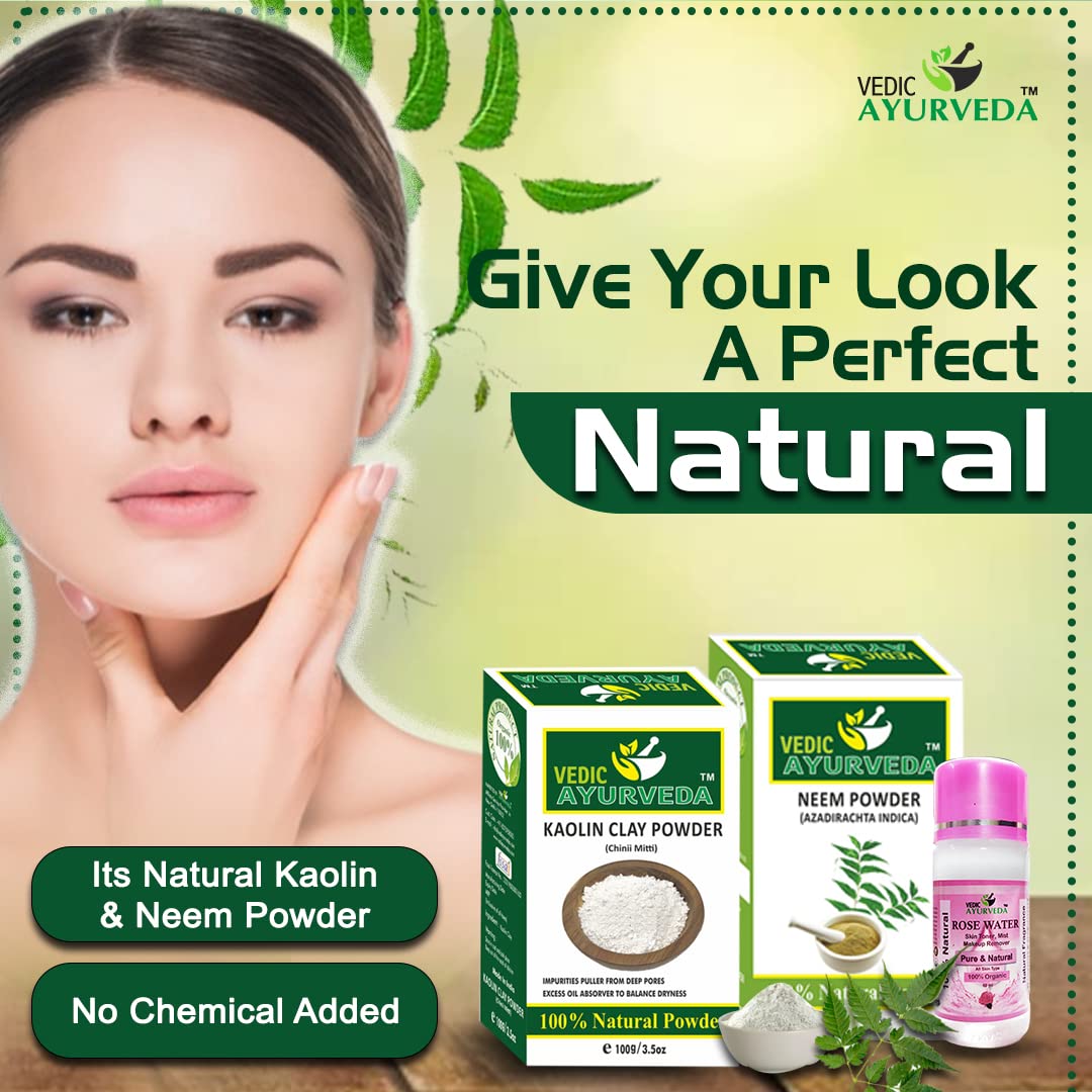 VEDICAYURVEDA Kaolin Clay Powder & Neem Powder - 100% Natural Face Cleanser with Rose Water for Glowing Skin, Blackhead Removal (100g, Pack of 3) | DIY Face Mask, Detox Treatment & Spa Day at Home