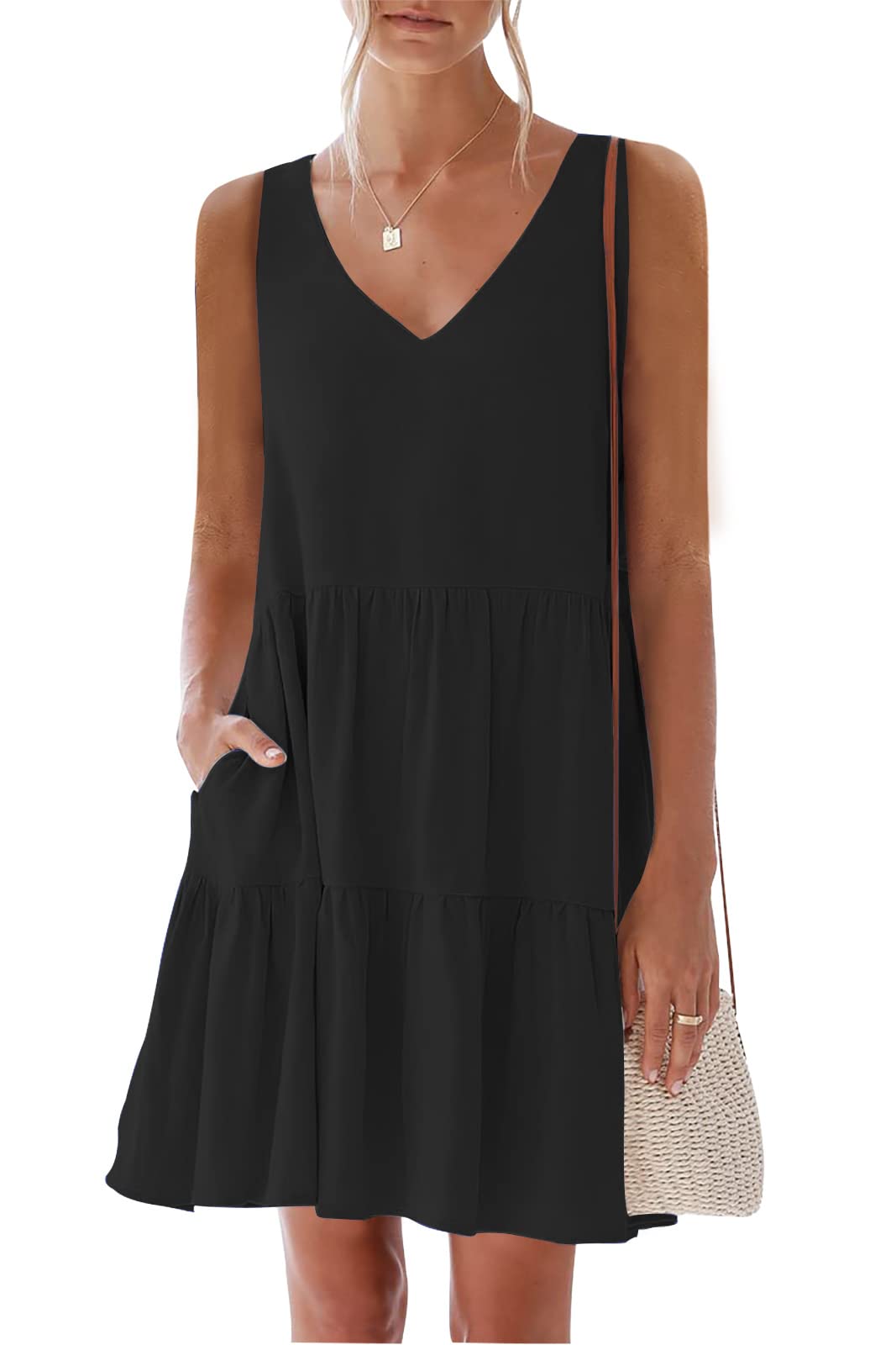 Nclook Women's 2025 Summer Casual Dress - Sweet Cute V-Neck Sleeveless Mini Dress with Pockets | Flowy Beach Dress for Vacation, Date Night & Outdoor Parties