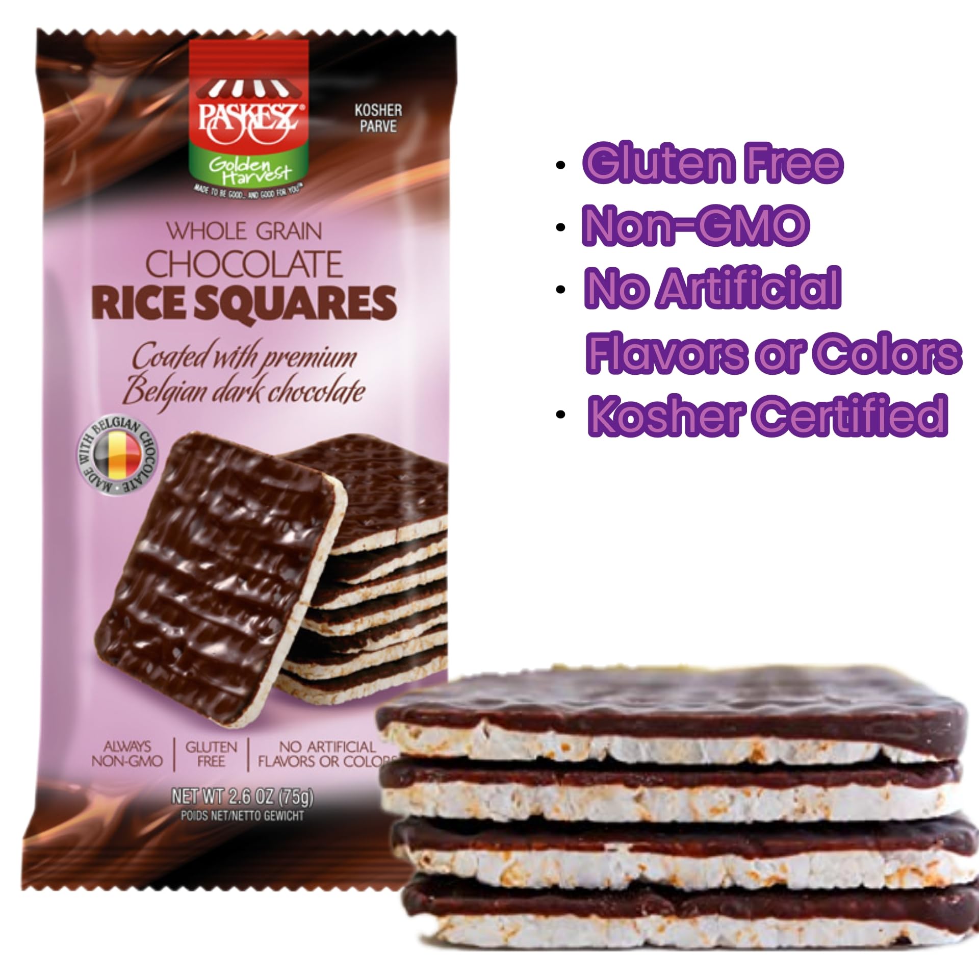 Paskesz Chocolate Covered Rice Cakes Squares - Whole Grain, Dairy Free, Gluten Free, Kosher, Low Calorie Healthy Snacks (2.6 oz, Pack of 1) - Perfect for On-the-Go, School Lunches & Weight Management