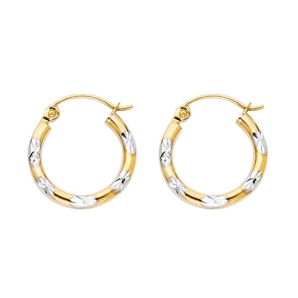 14K White & Yellow Gold Diamond-Cut Hoop Earrings for Women - 15mm x 15mm | Luxury Everyday Jewelry | Perfect for Parties, Weddings & Office Wear