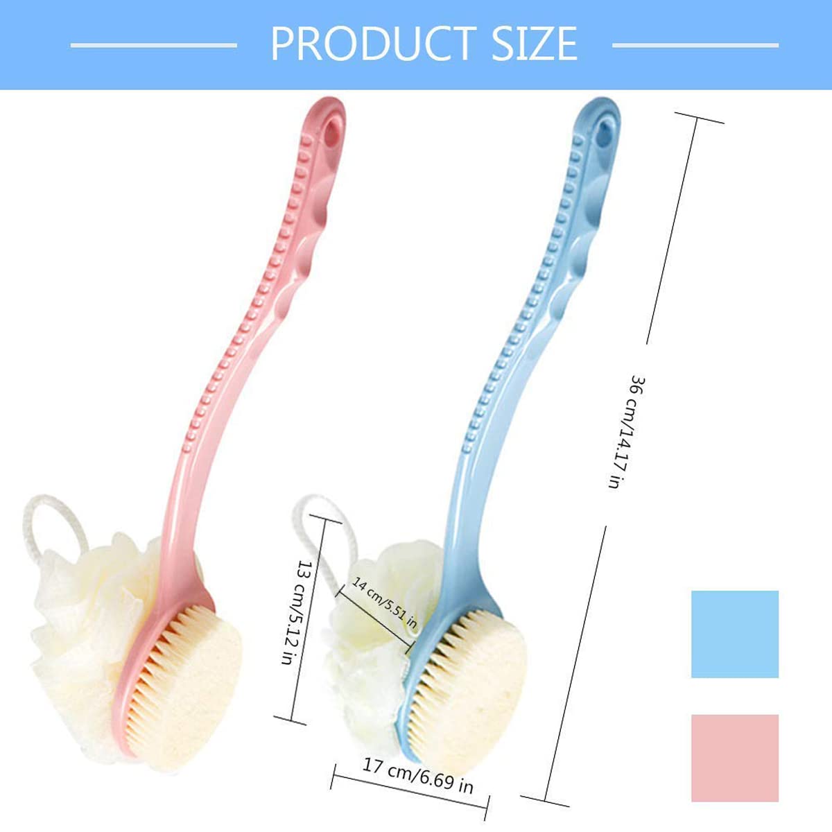 Avenn 2 in 1 Back Scrubber Brush with Exfoliating Bristles & Loofah - Long Curved Handle Body Brush for Men & Women - Perfect for Shower, Bath & Dry Skin Exfoliation (MultiColor) - Ideal for Deep Cleansing, Dead Skin Removal & Relaxing Massage