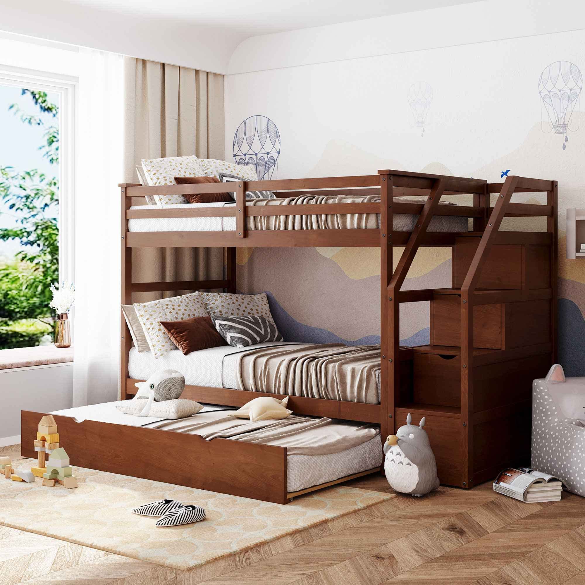 ATY Twin Over Twin Bunk Bed with Trundle & Storage Staircase - Solid Pine Wood Frame for Kids, Teens & Adults - Space Saving Design with Safety Guardrails - No Box Spring Needed (Walnut Finish) - Perfect for Small Bedrooms, Guest Rooms & Vacation Homes