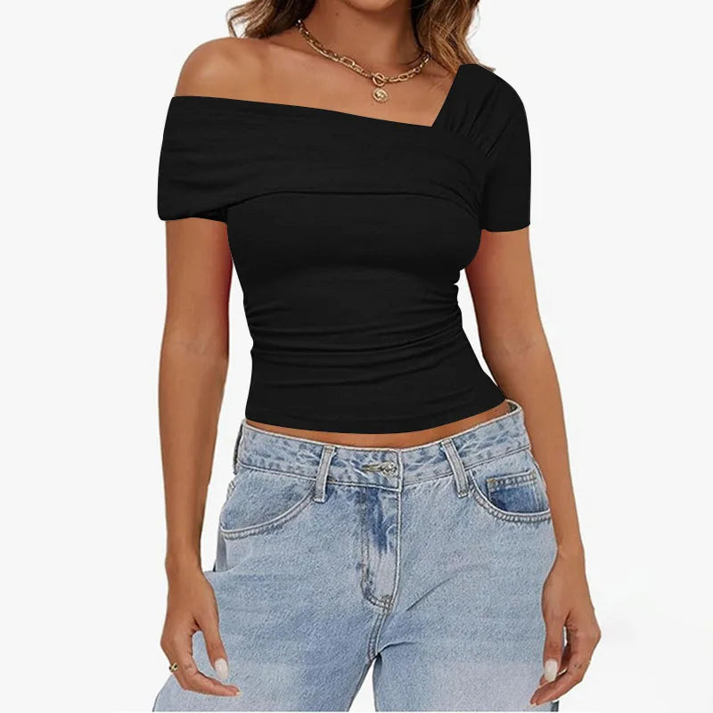 Women's Asymmetrical Fitness Crop Top - Solid Color Summer T-Shirt with Sexy Fold Design & Short Sleeves | Gym Wear, Yoga, Casual Outfits, Street Style