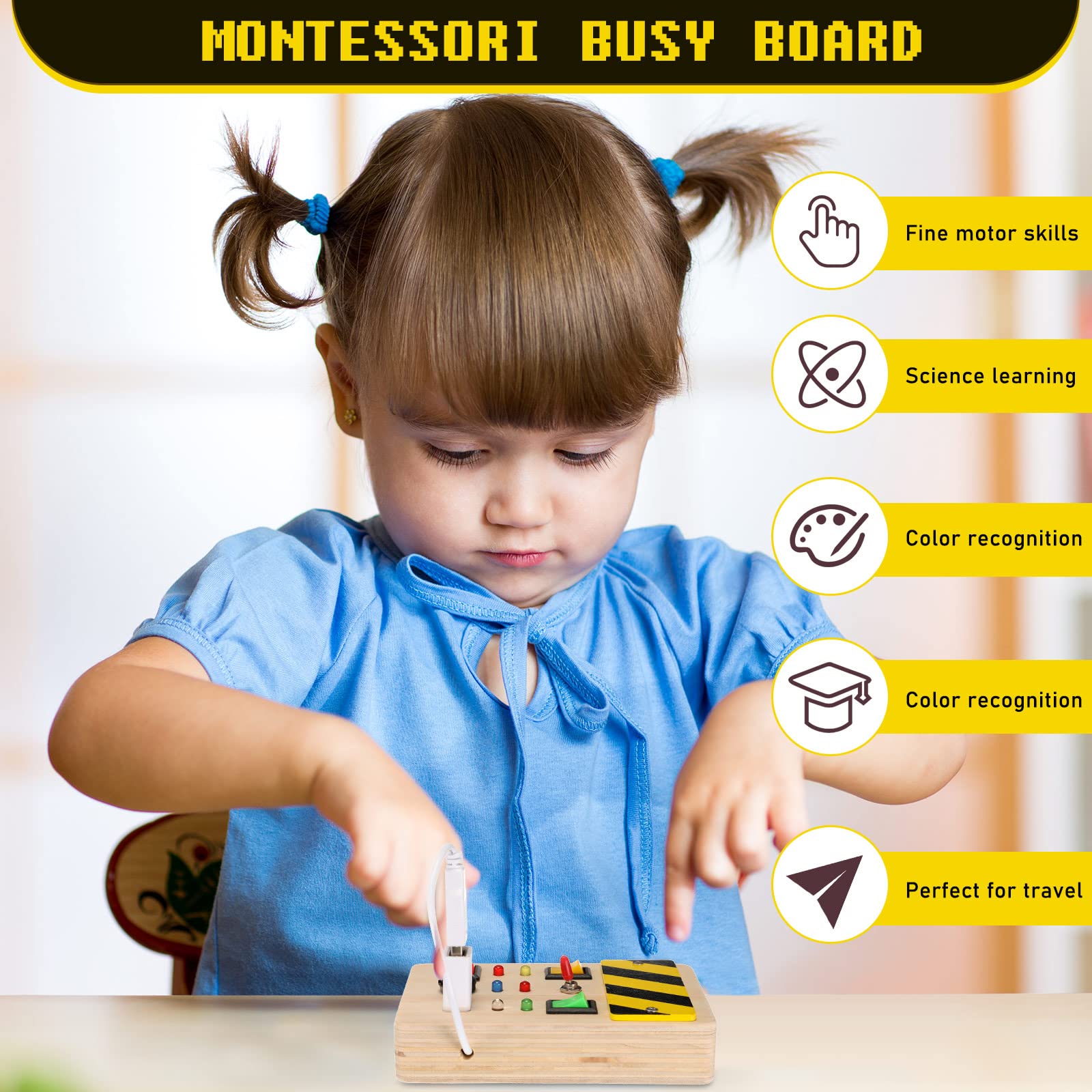 Charniol Montessori Busy Board - Wooden Sensory Toy with LED Lights & Buttons, Educational Travel Fidget Toy for Toddlers | Perfect Stocking Stuffer & Birthday Gift for Boys & Girls | Great for Airplane Travel, Car Rides & Sensory Play