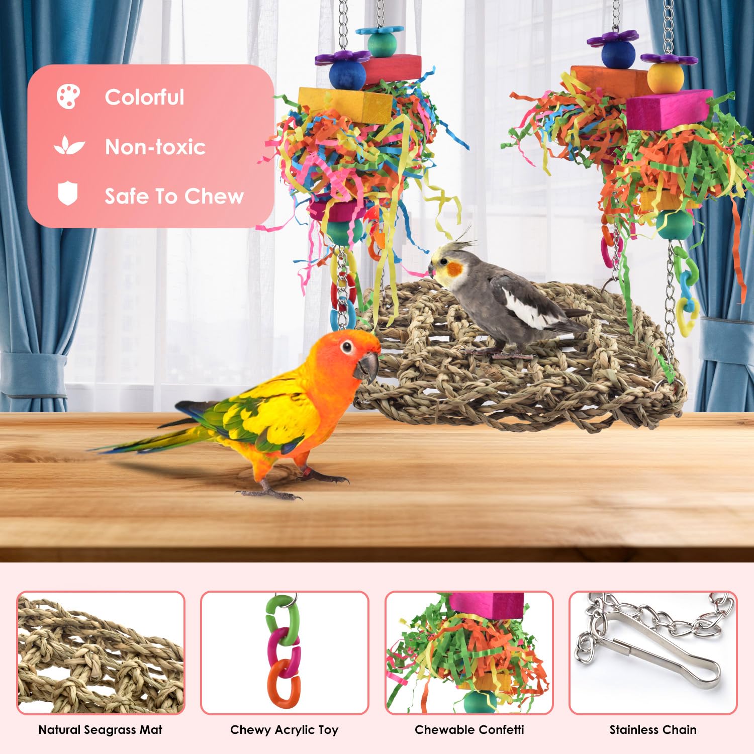 KATUMO Conure Bird Toys - Colorful Parrot Climbing Hammock & Grass Swing Mat for Parakeets, Cockatiels, Sun Conures, Lovebirds, Budgies | Perfect for Cage Play, Exercise & Mental Stimulation of Small Pet Birds