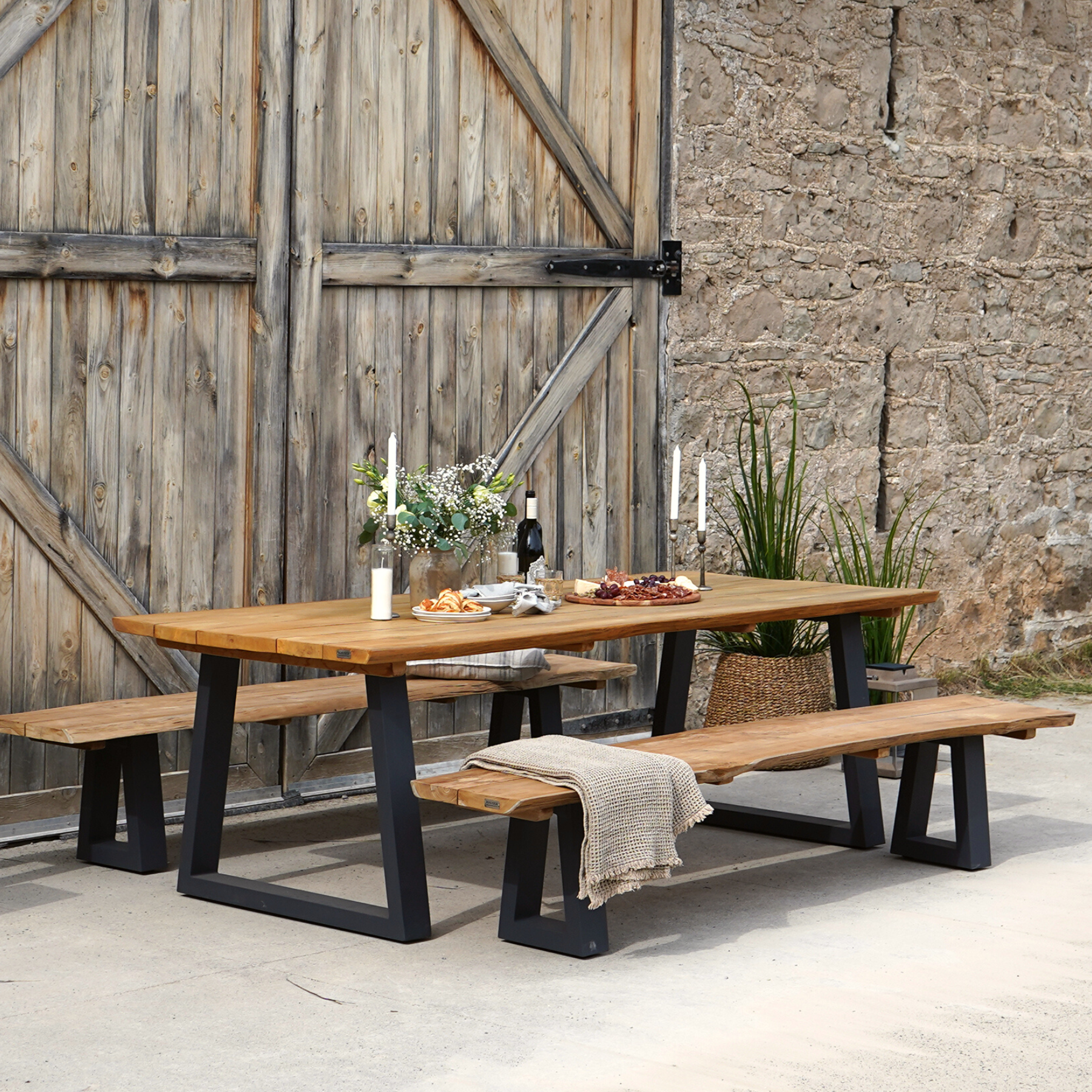 Live Edge 3-Piece Dining Table Set - Natural Wood Table with Benches - Rustic Farmhouse Style for Kitchen, Dining Room & Outdoor Patio