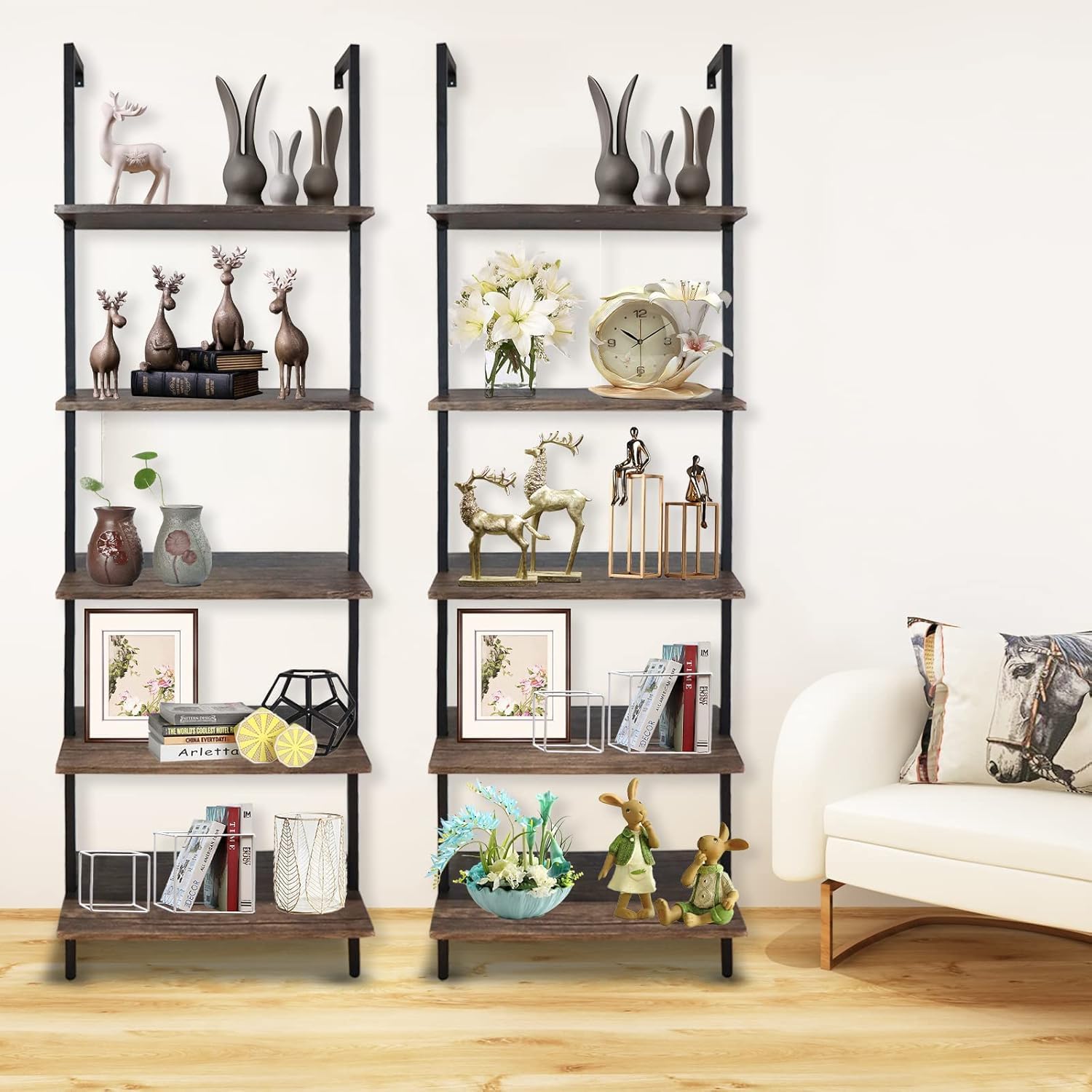 5-Tier Ladder Shelf Set of 2 - Modern Tall Bookshelf for Home & Office - Open Wall Mount Storage Bookcase - Industrial Style Standing Leaning Shelves - Perfect for Living Room, Bedroom & Office Organization (Brown)