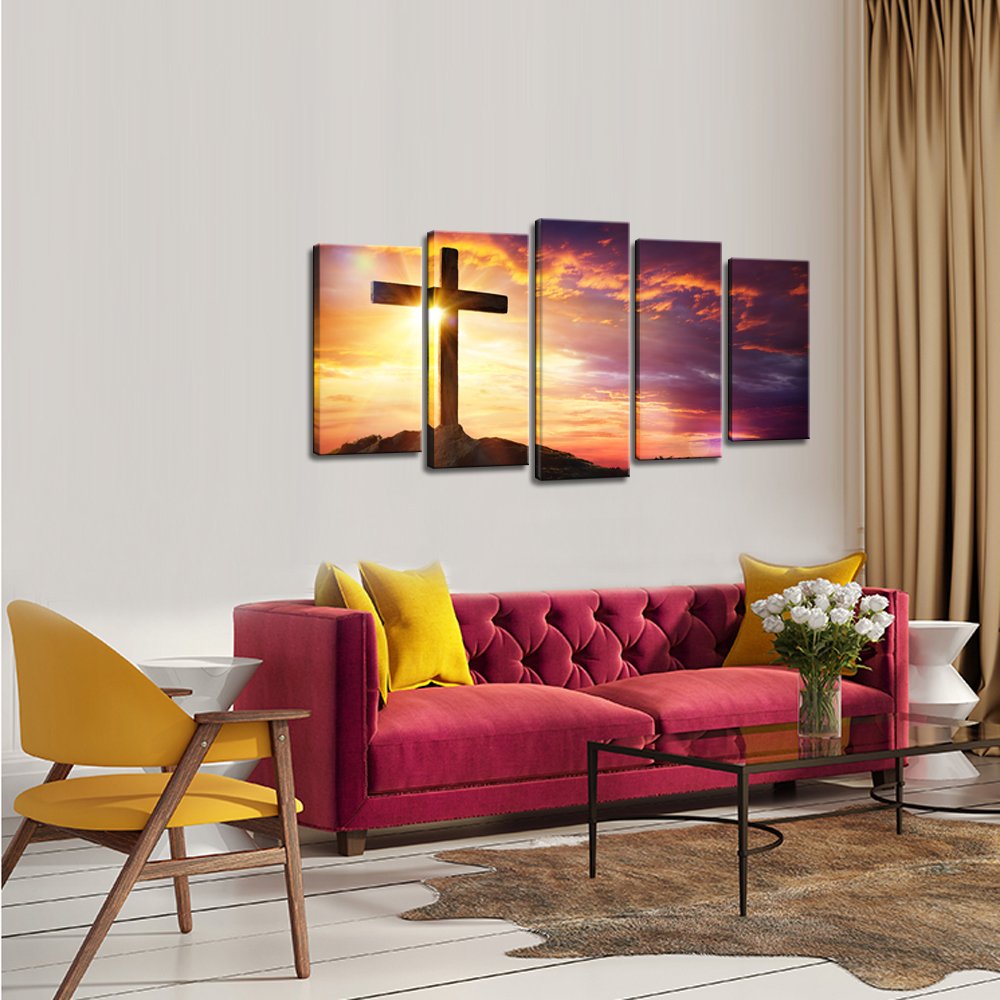 5 Large Christian Cross Sunset Canvas Prints - Framed Wall Art for Living Room, Home Decor, Ready to Hang | Religious Artwork, Bedroom & Office Decor
