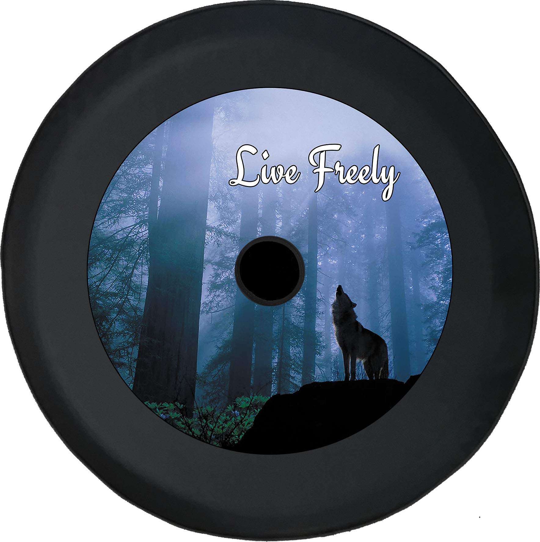 Live Freely Wolf Black 32 Inch RV Tire Cover with Backup Camera Hole - Durable Tire Protector for Trailers, Trucks, SUVs & Campers | All-Weather Protection for Road Trips & Outdoor Adventures