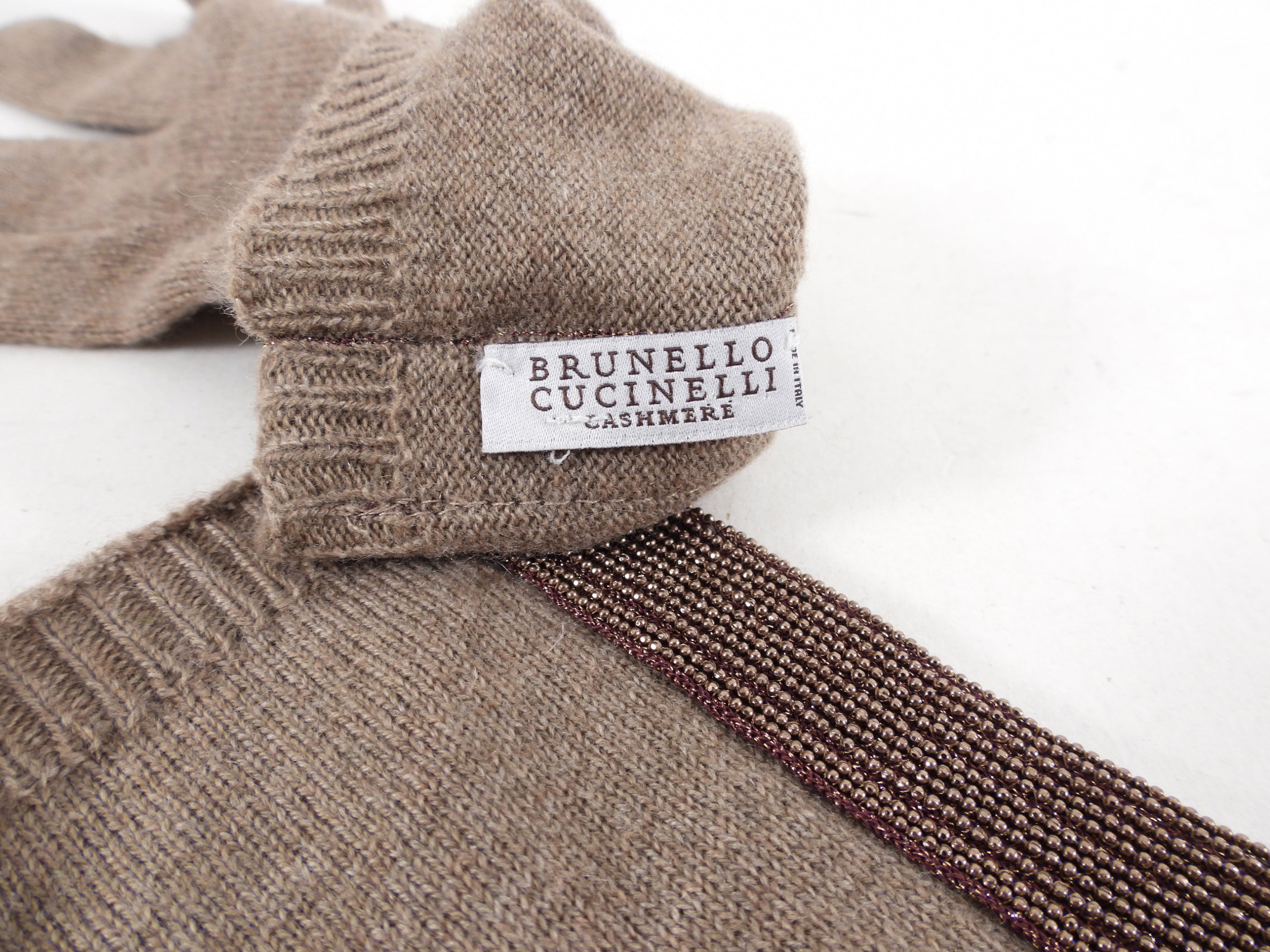 Brunello Cucinelli Taupe Cashmere Knit Monili Gloves - Luxury Winter Accessories for Women, Soft Cashmere Gloves for Cold Weather & Elegant Outfits