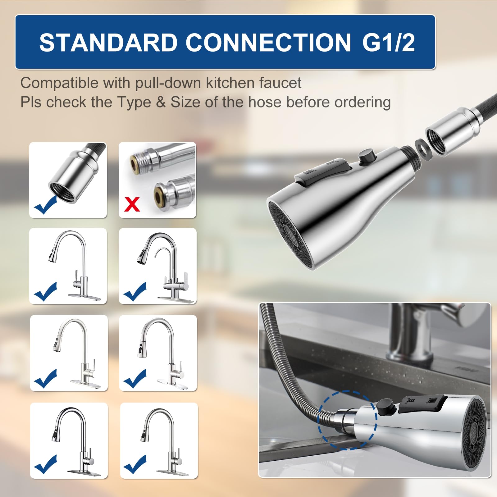QAOYEDE 3-Function Pull Down Kitchen Faucet Spray Head Replacement - Stream, Spray & Dual Waterfall Modes, Chrome Finish - Perfect for Washing Dishes, Filling Pots & Cleaning Sinks