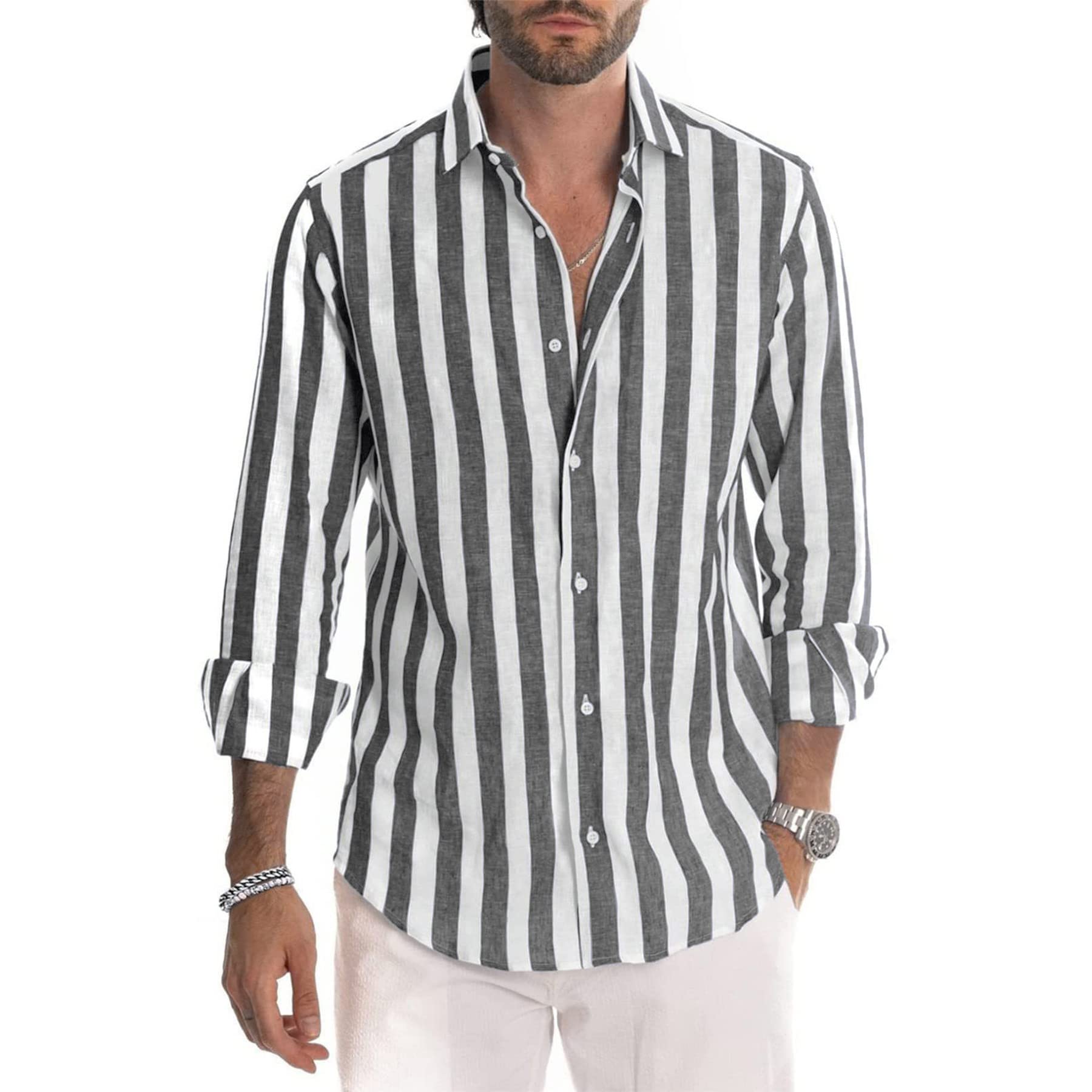 Men's Striped Cotton Long Sleeve Button Down Henley Shirt - Casual Beachwear & Dress Shirt for Outdoor Activities, Date Night and Office Wear