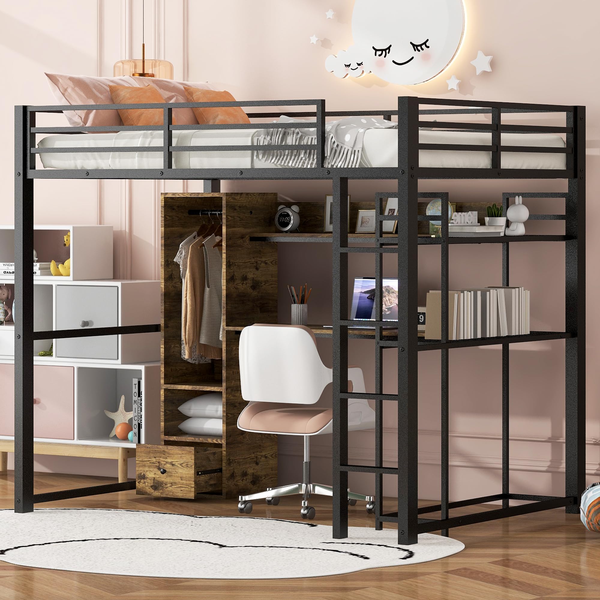 Full Size Loft Bed with Desk & Wardrobe - Heavy Duty Metal Loft Bed with Storage Shelves & Drawers - Space Saving Black Loft Bed with Bookshelf for Kids, Teens & Adults - Perfect for Small Bedrooms, Dorms & Studio Apartments