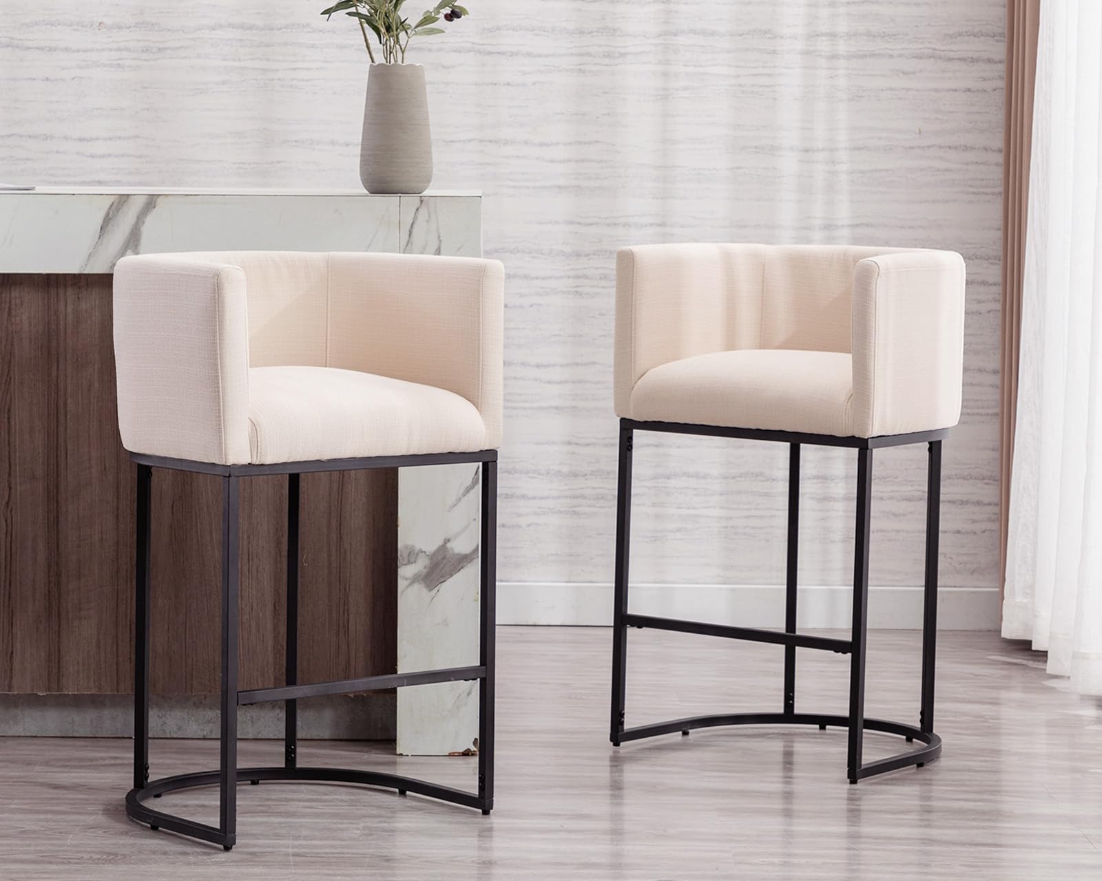 Modern Cream Linen Fabric Counter Height Bar Stools Set of 2 - 29 Inch Kitchen Island Stools with Black Tubular Metal Frame - Perfect for Breakfast Nooks, Kitchen Islands & Home Bars