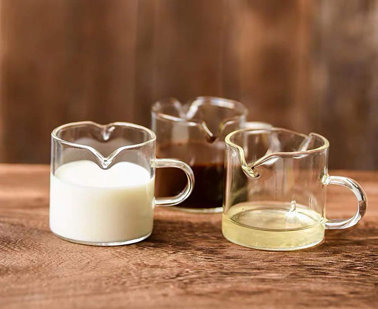 BCnmviku Clear Glass Shot Glasses & Espresso Parts - Double Spout Milk Cup for Coffee & Cocktails (2-Pack) - Perfect for Barista Use, Home Brewing & Party Drinking