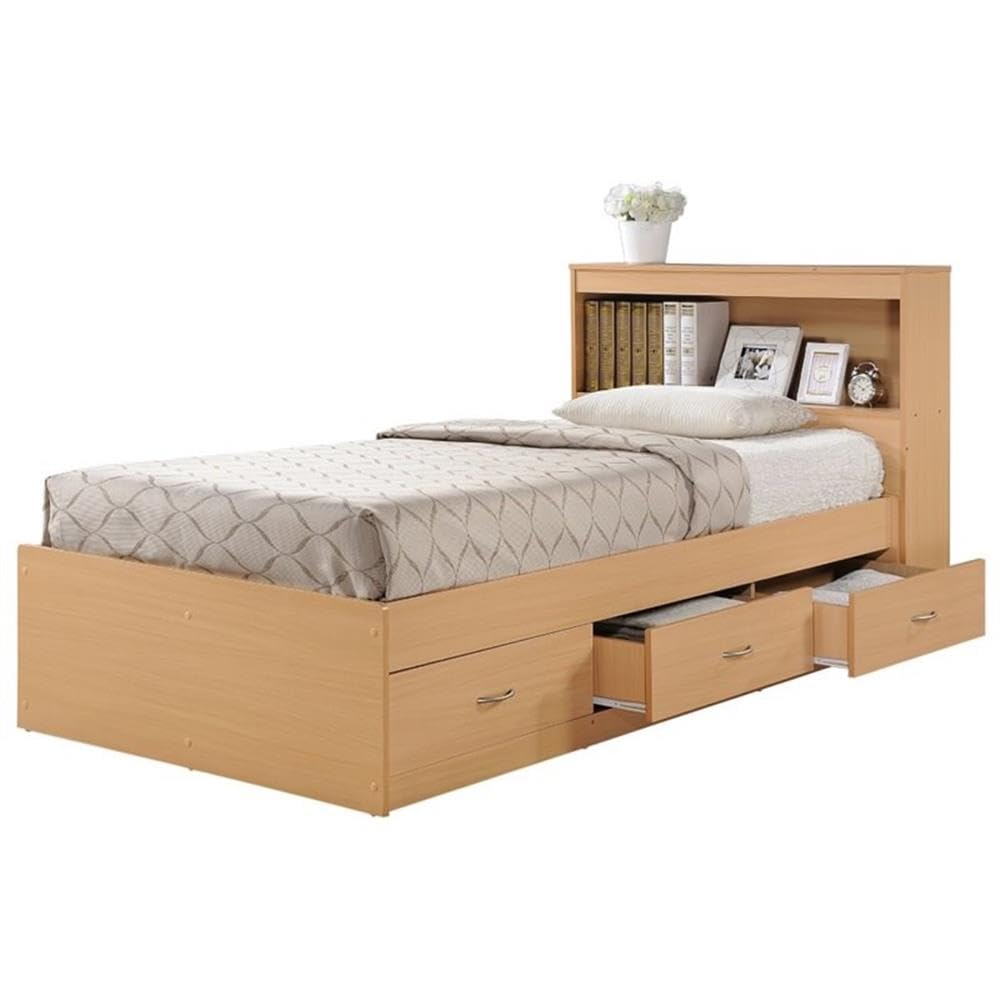 Pemberly Row Twin Captain Storage Bed in Beech - Space-Saving Bed with Underbed Drawers for Kids & Teens - Perfect for Small Bedrooms, Dorms & Guest Rooms