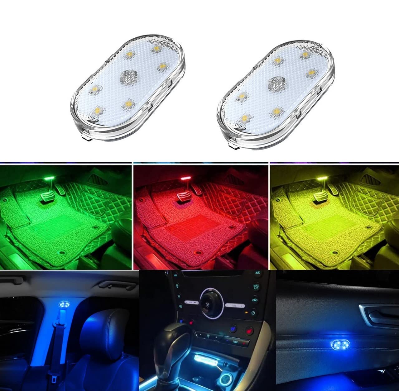 2 Pcs Wireless LED Car Interior Lights - 7 Color Ambient Lighting, USB Rechargeable for Cars, Trucks & SUVs | Perfect for Night Driving, Mood Lighting & Interior Decoration
