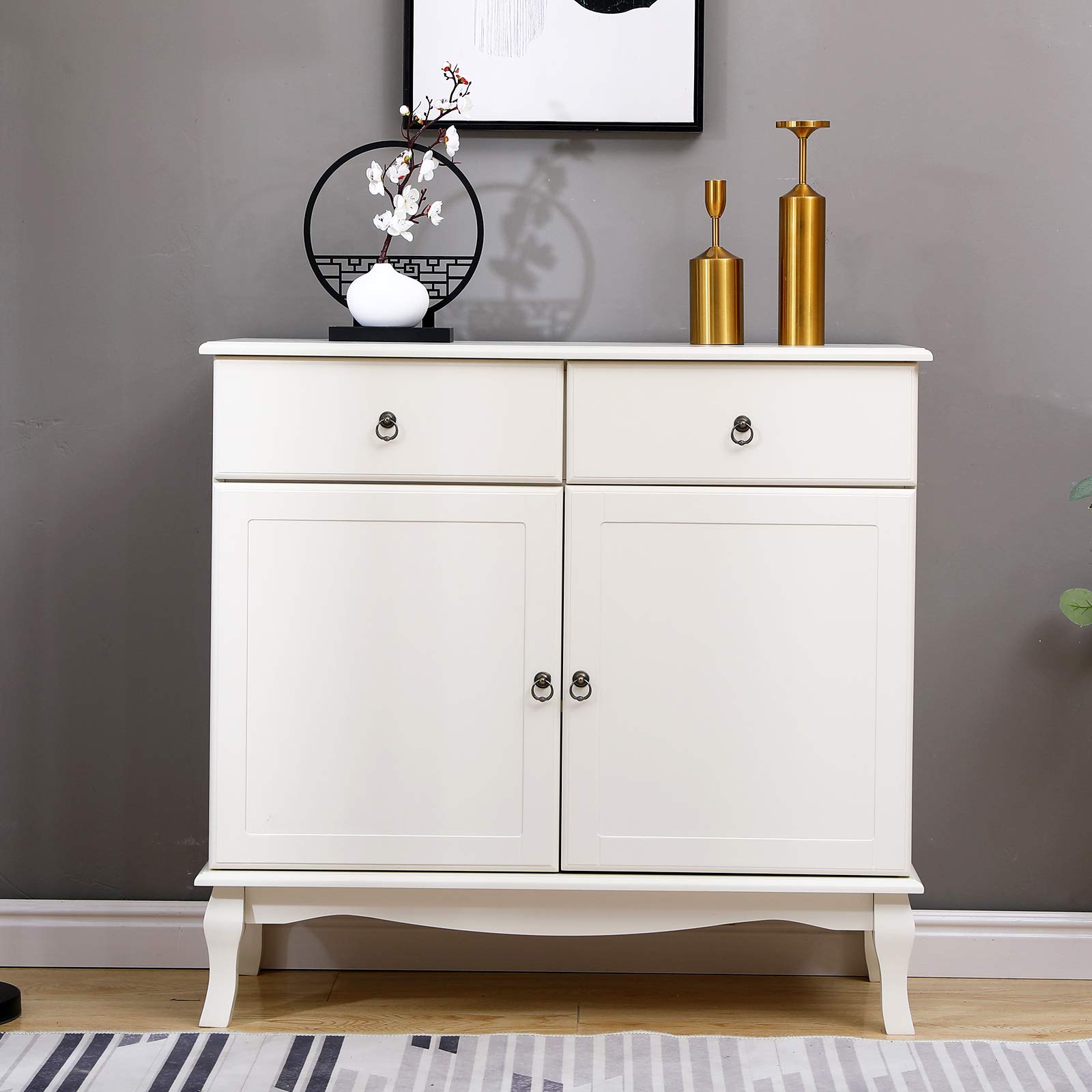 SDHYL Beige Storage Cabinet with 2 Drawers & 2 Shelves - Kitchen Organizer, Living Room Console Table, Entryway Sideboard for Home Decor (Model S7-BSB-010-US-N) - Perfect for Small Space Organization & Stylish Home Storage Solutions