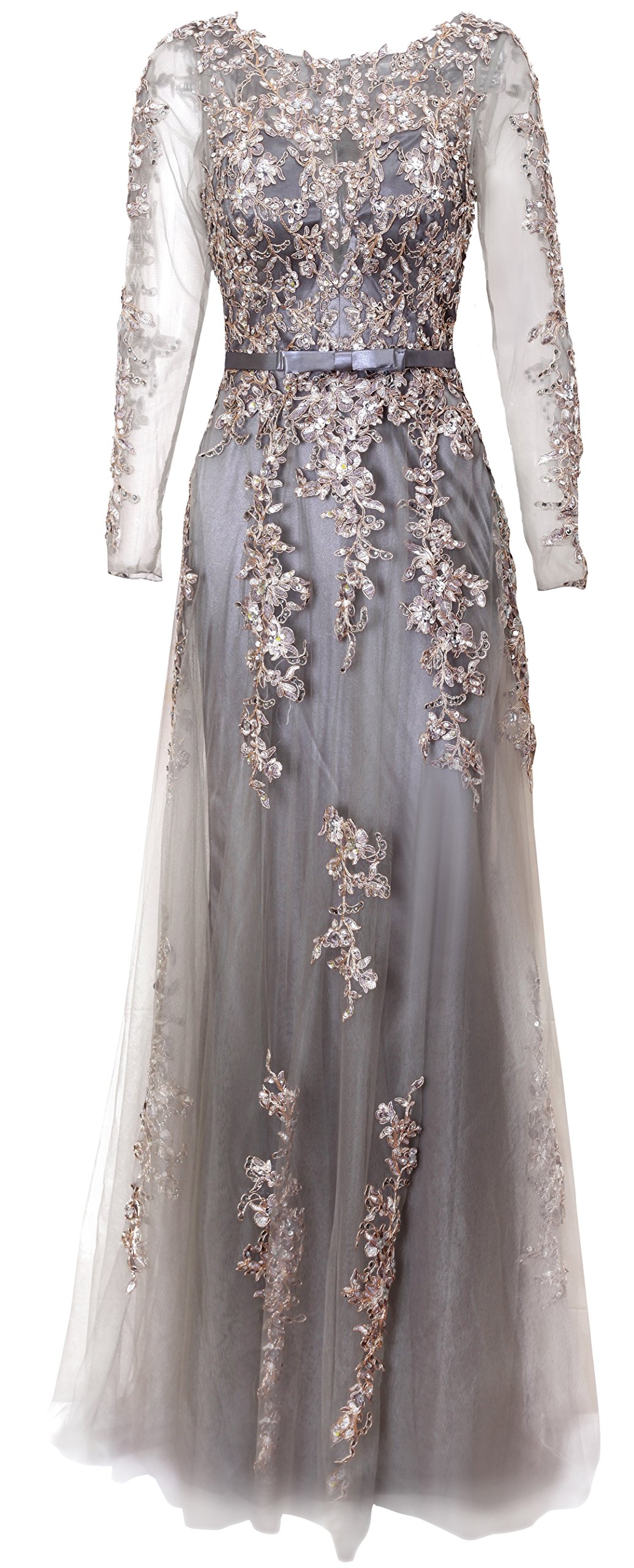 Elegant Meier Women's Illusion Long Sleeve Embroidered Prom Formal Evening Gown - Perfect for Homecoming, Wedding Guest, and Black Tie Events
