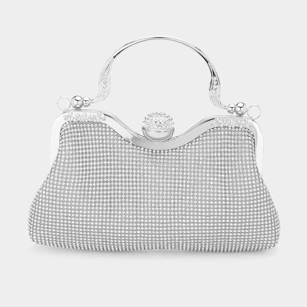 Sparkling Silver Rhinestone Mesh Evening Clutch Bag with Top Handle & Crossbody Strap - Perfect for Parties, Weddings & Special Occasions