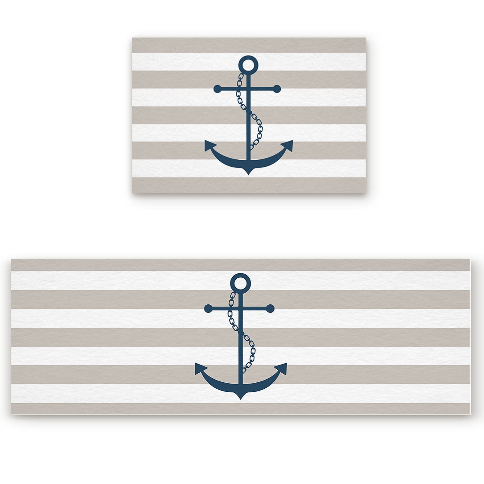 Beige Stripes Anchor Anti-Fatigue Kitchen Rug Set 2 PCS, Non-Slip Absorbent Floor Mats for Kitchen Sink, Standing Desk, Laundry, and Entryway, 18