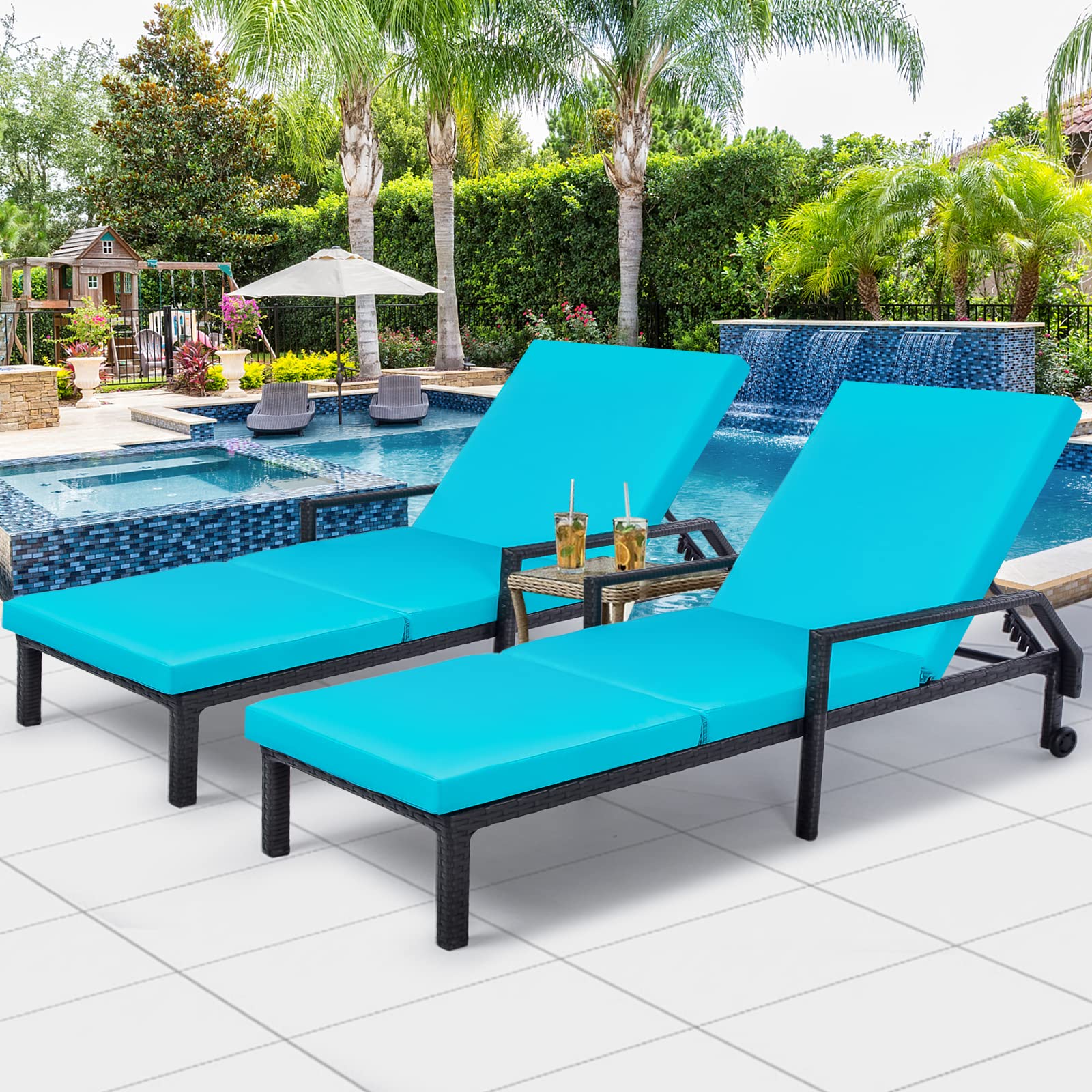 AECOJOY 2-Piece Adjustable PE Rattan Outdoor Chaise Lounge Chairs Set with Cushion & Wheels - Patio, Poolside, Backyard, Deck, Porch & Garden Furniture - Perfect for Sunbathing, Relaxing & Outdoor Lounging (Blue)