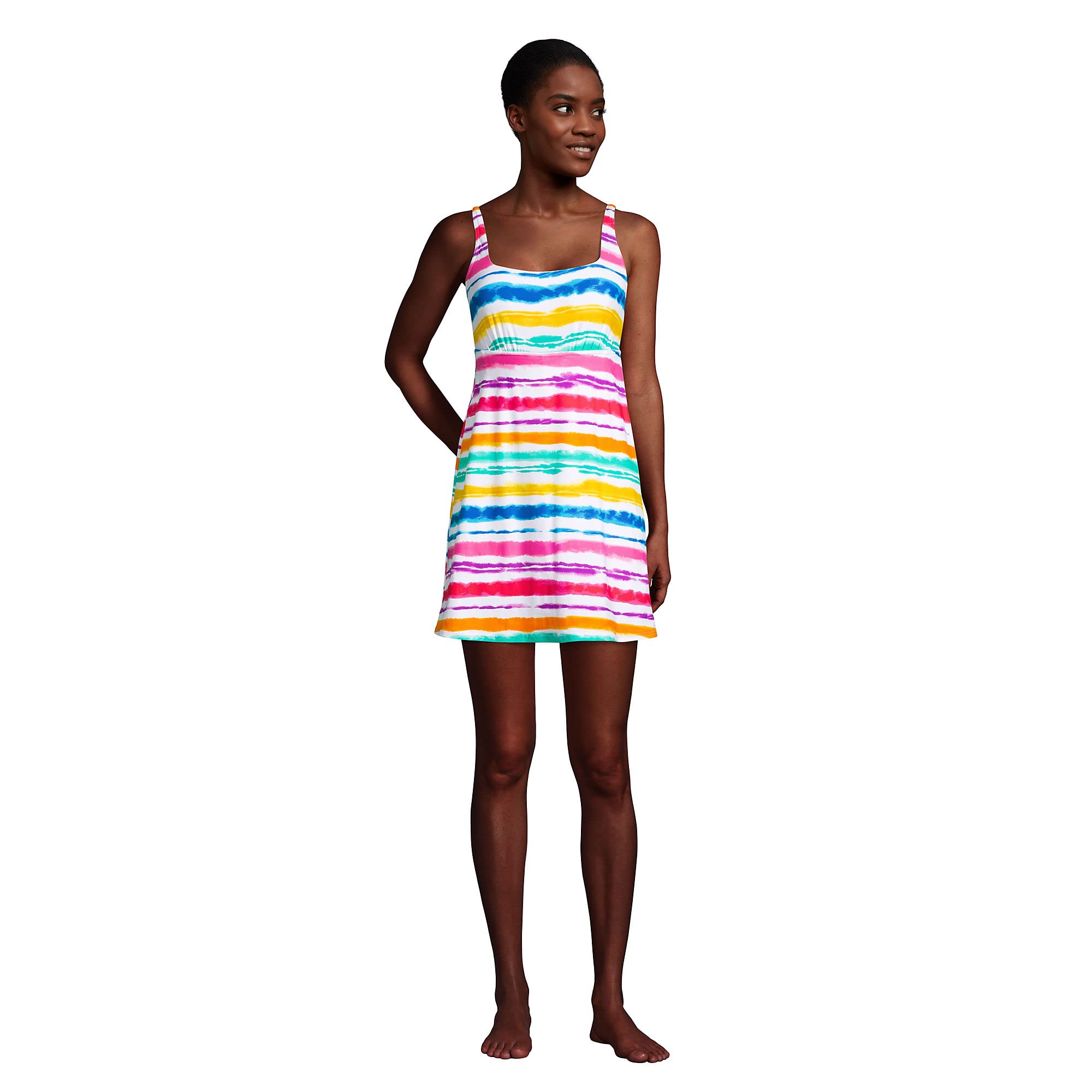 Lands' End Women's Chlorine Resistant Square Neck Swim Dress - Control White Rainbow Multi Stripe - Size 4 | Comfortable Swimwear for Beach, Pool & Vacation