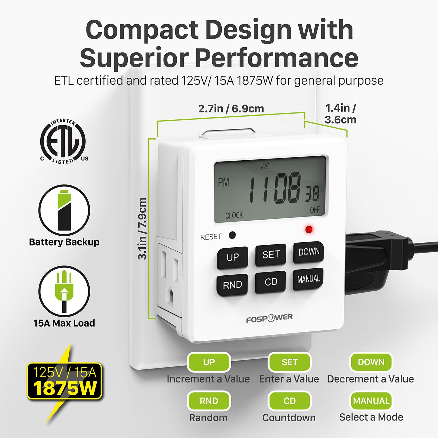 Fospower 7-Day Heavy Duty Digital Timer for Electrical Outlets - Dual Programmable Light Switch for Grow Lights, Lamps & Appliances | Indoor Use with 3-Prong Grounded Plug | Perfect for Home, Office & Gardening Automation