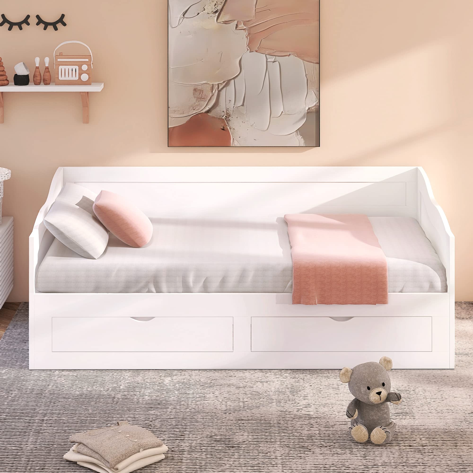 Wooden Daybed with Trundle Bed & 2 Storage Drawers - Twin to King Convertible Sofa Bed (77.2
