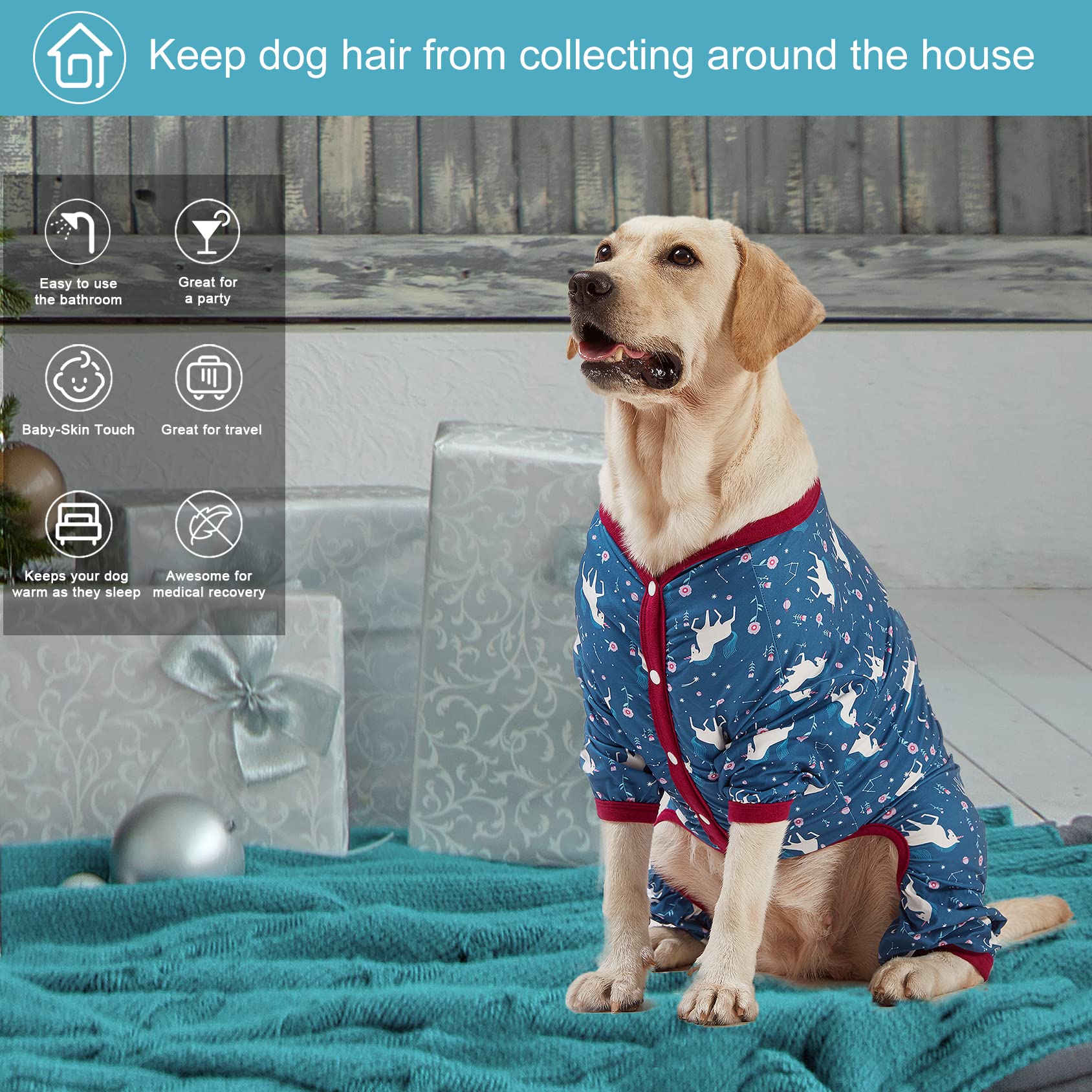 LovinPet Large Dog Shirt - Anti Licking Dog Undershirt for Coats, Anxiety Relief Onesie, Floral Pony Navy Print, Large Breed Dog Clothes & Pajamas | Perfect for Cold Weather, Post-Surgery Recovery, and Calming Anxious Pets