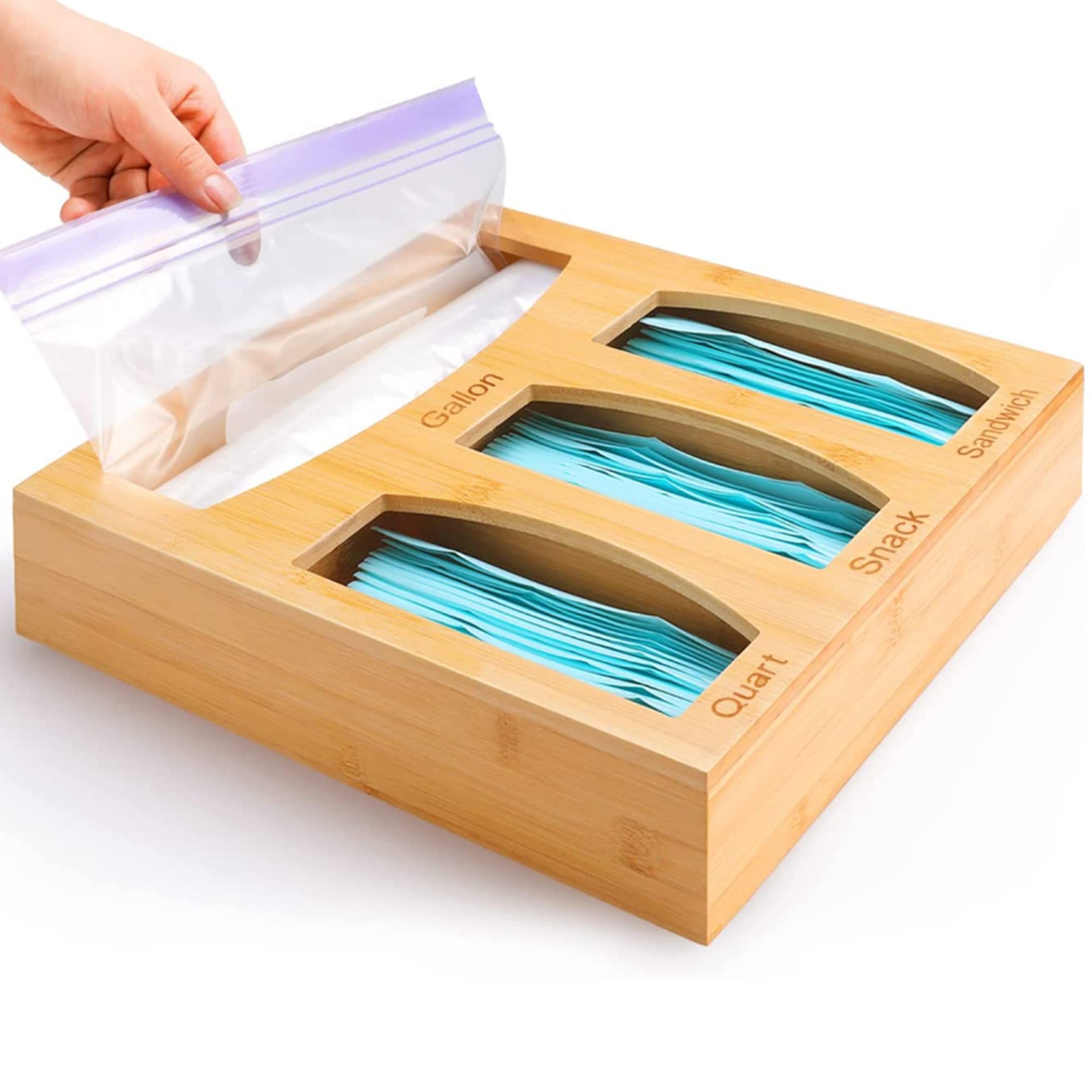 Bamboo Kitchen Drawer Organizer for Food Storage Bags - 4-Slot Holder for Gallon, Quart, Sandwich & Snack Bags (Fits Solimo, Glad, Hefty) - Perfect for Pantry Organization & Easy Bag Access