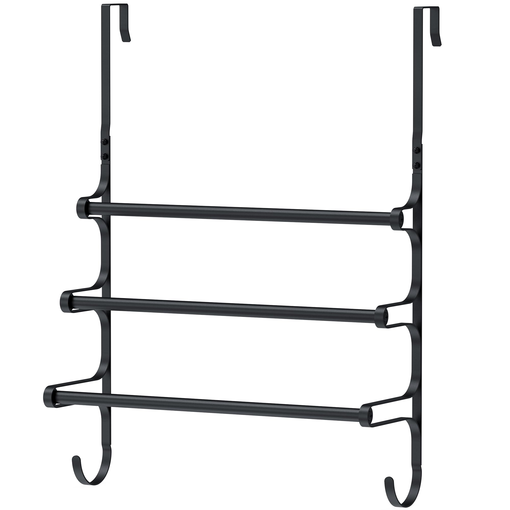 Over The Door Towel Rack - Triple Towel Storage Holder with Hooks for Bathroom, Kitchen & Laundry Room - Space Saving Matte Black Organizer (17.32
