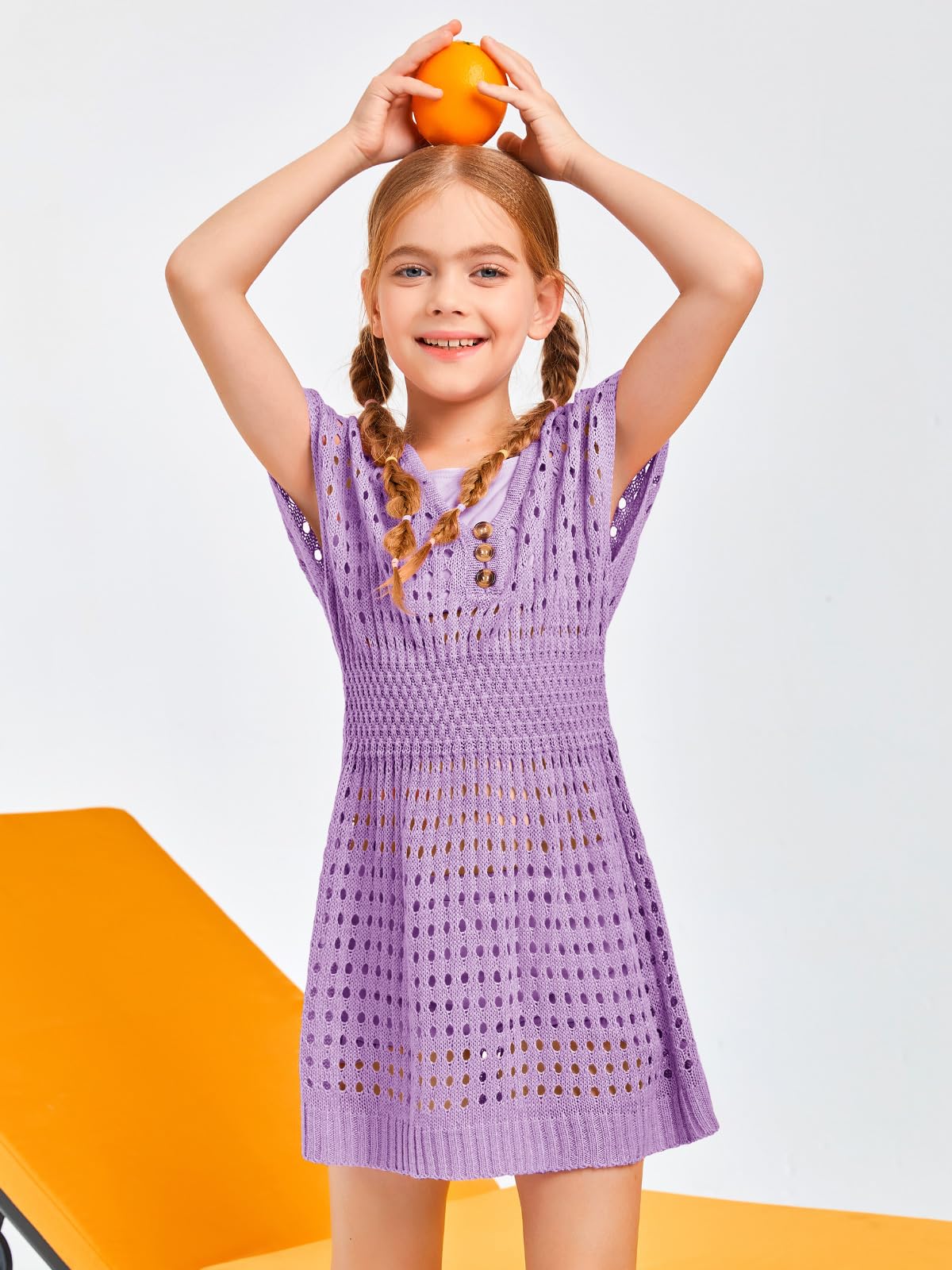 Haloumoning Girls Crochet Swim Cover Up - Beach Button Short Sleeve Coverup for Kids Age 5-14 - Perfect for Pool, Beach Vacation & Summer Outfits