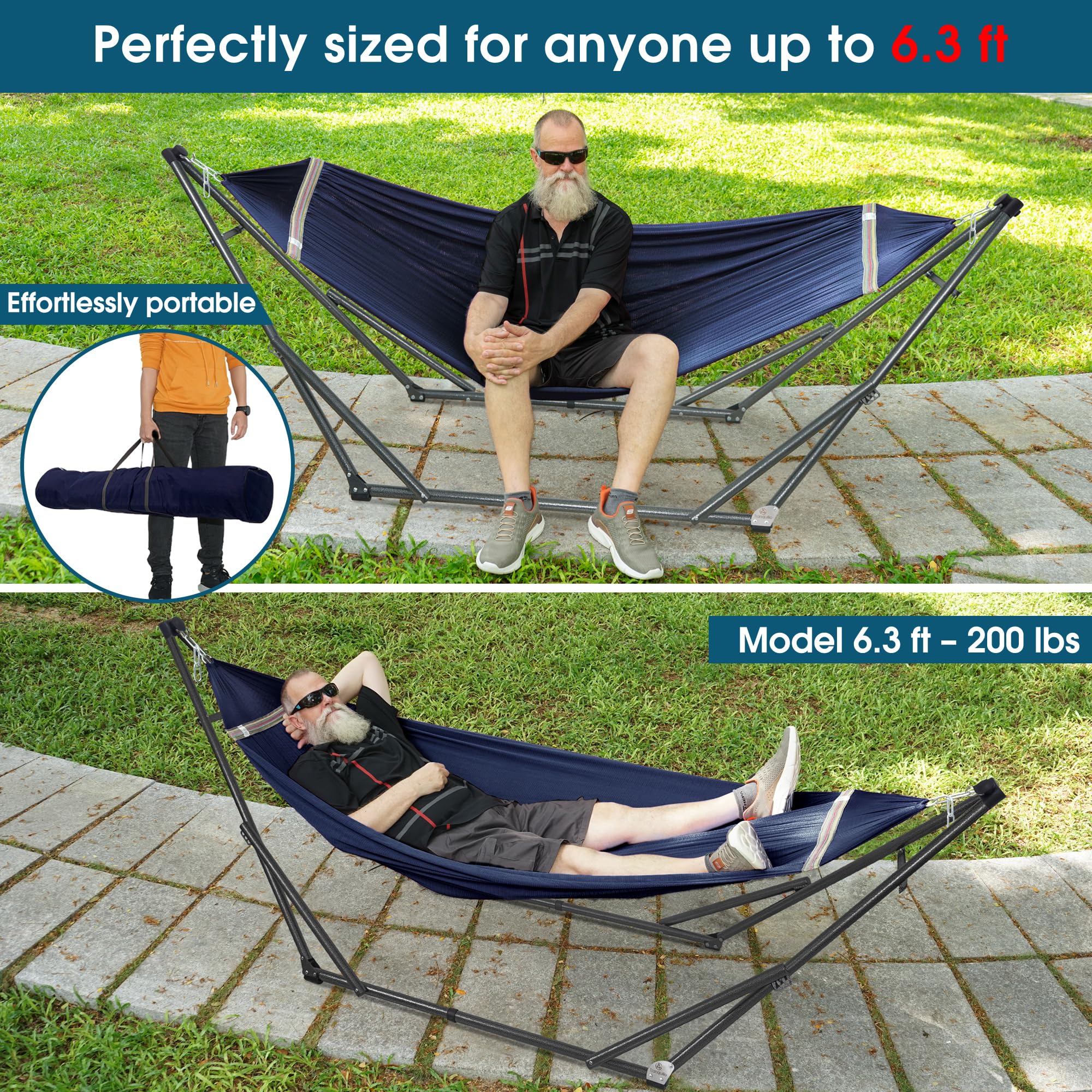 Tranquillo Adjustable & Collapsible Hammock Stand - 600 lb Capacity Steel Frame for 2 Person Camping - Premium Pre-Assembled Indoor/Outdoor Hammock with Anti-Flip Design (Aegean Blue) - Perfect for Backyard Relaxation, Beach Trips and Patio Lounging