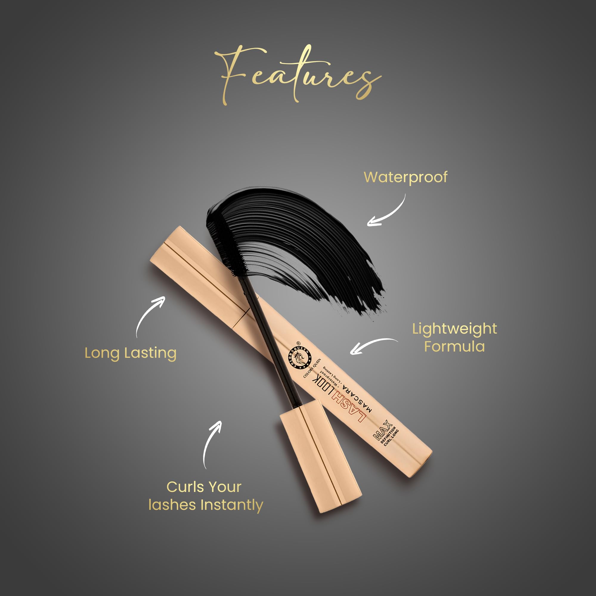 Colors Queen Lash Look Long Lasting Lengthening Mascara – 9ml – Black | Volumizing & Curling Mascara for Defined Lashes | Smudge Proof, Waterproof & Flake Free | Perfect for Daytime Wear, Night Out & Special Occasions
