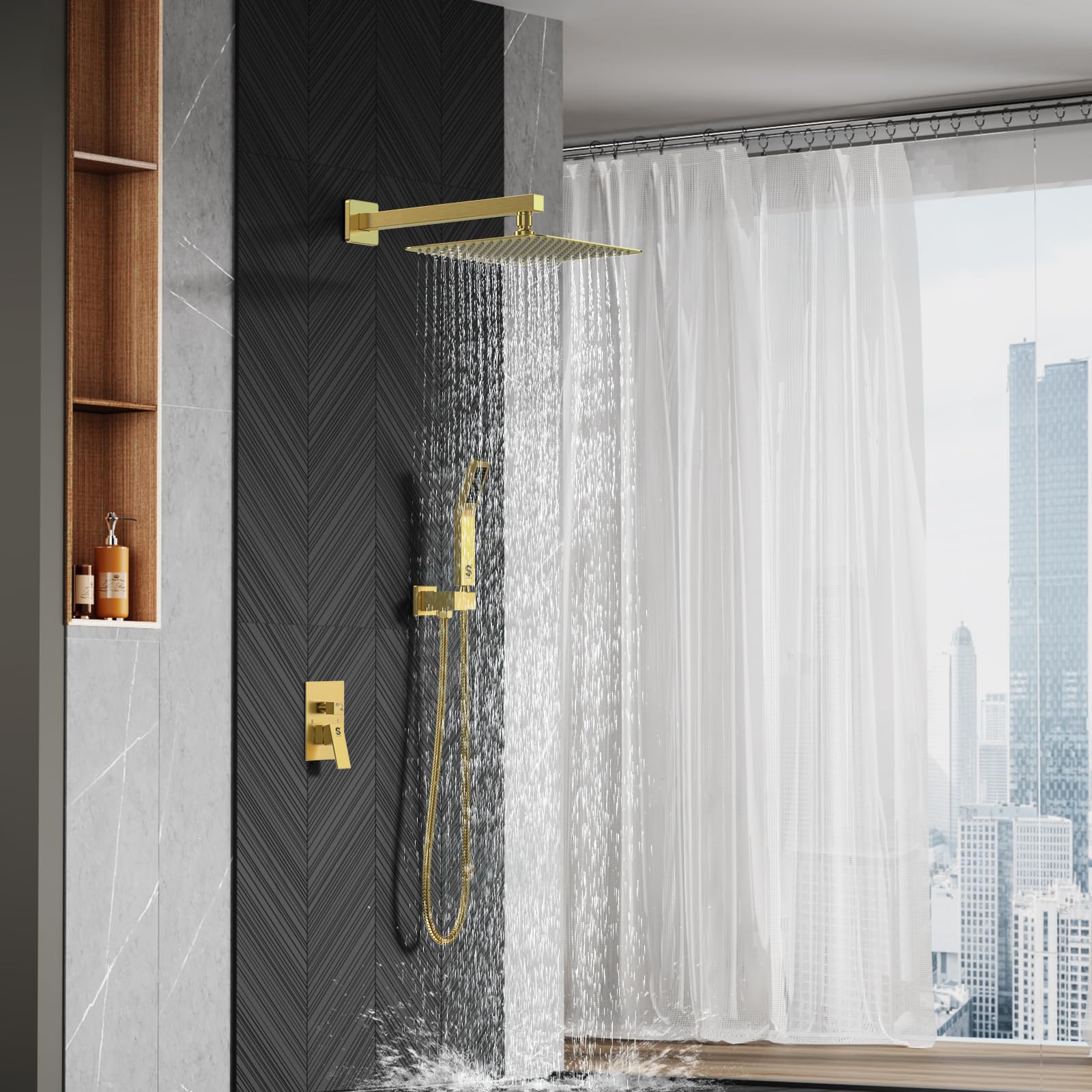 SR SUN RISE Brushed Gold Square Rain Shower Head with Handheld Spray - All Metal Shower Faucet Set with Valve Trim Repair Kit - Perfect for Bathroom Renovation & Luxury Spa Experience