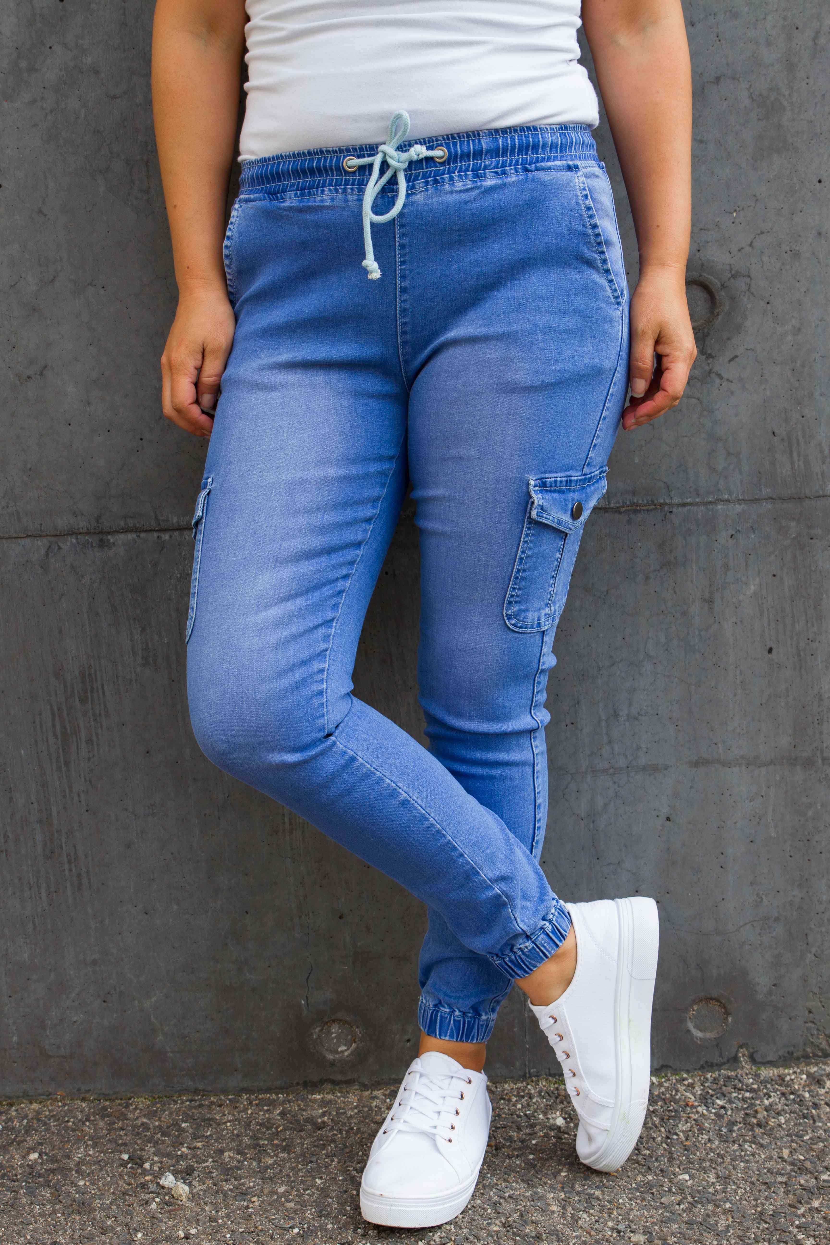 Florence Sky Blue Denim Joggers for Women - Comfortable Stretch Casual Pants for Everyday Wear, Lounge, and Running Errands