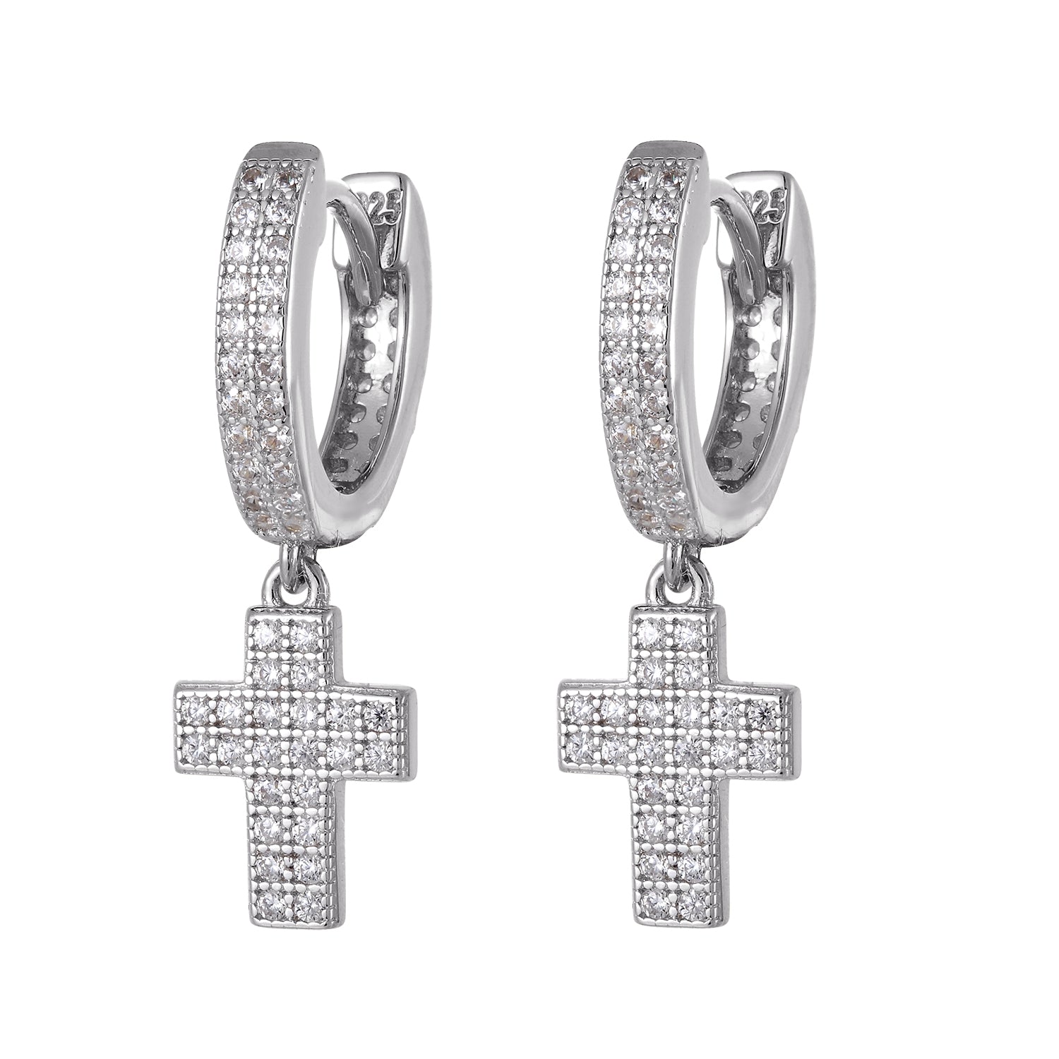 2 Row Sterling Silver Cross Dangle Hoop Earrings for Women - Religious Jewelry Gift for Church, Wedding & Everyday Wear