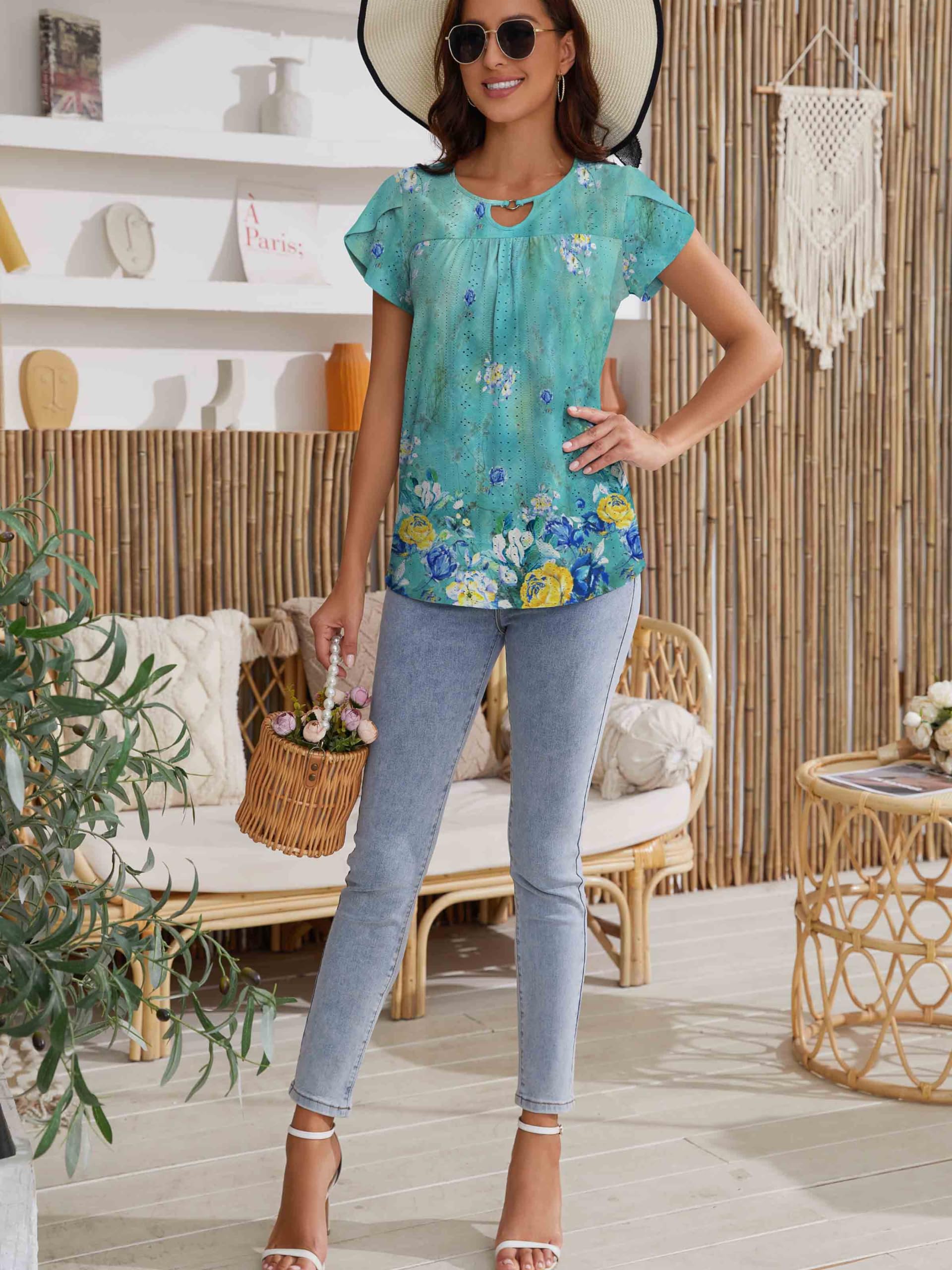 Women's Casual Short Sleeve Pleated Blouse with Petal Sleeves - Loose Fit Tunic Top for Work, Office, and Everyday Wear