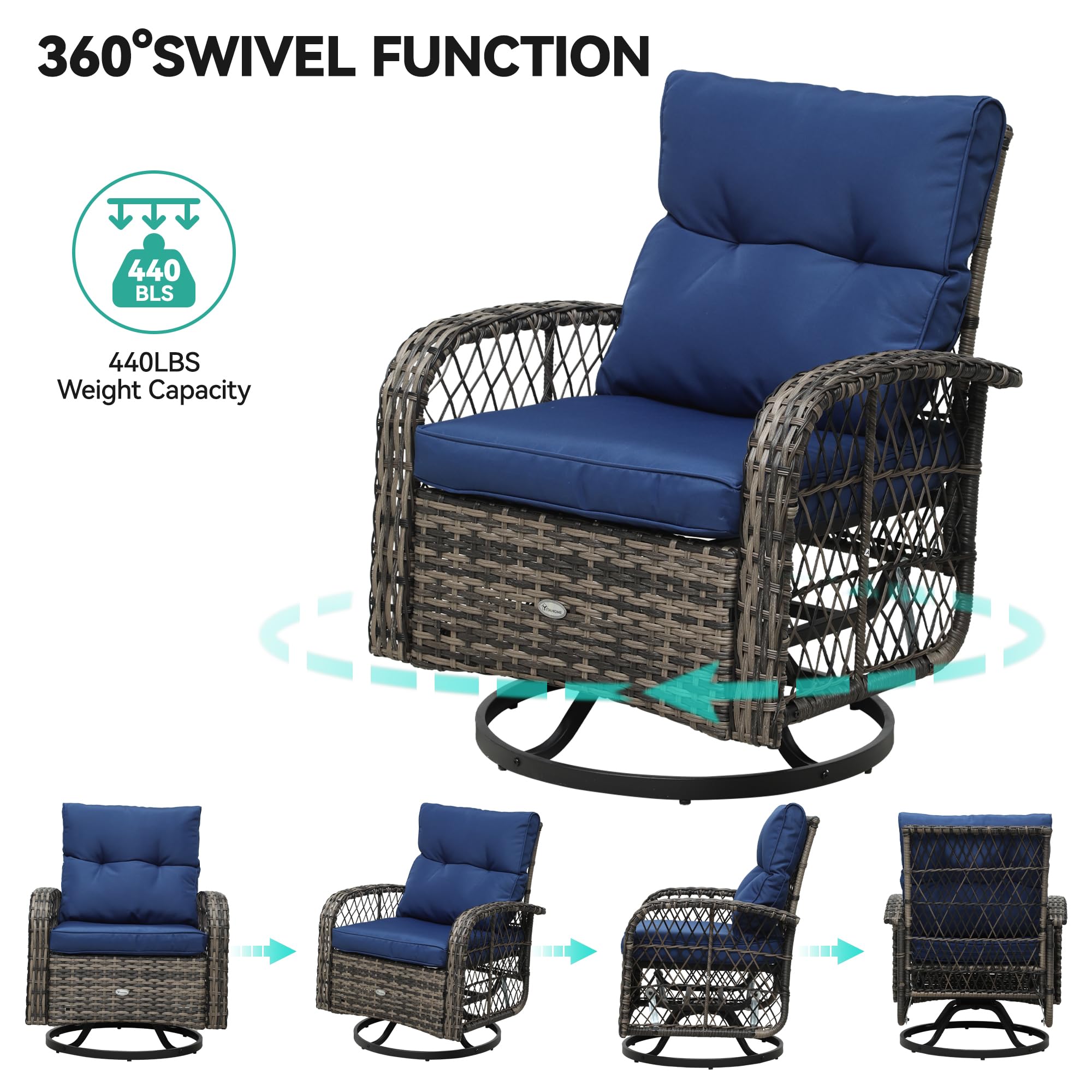 YITAHOME 3-Piece Patio Outdoor Swivel Glider Rocker Set - All-Weather Wicker Bistro Rocking Chairs with Cushions for Garden, Backyard, Balcony & Poolside (Navy Blue) - Perfect for Relaxing, Entertaining & Outdoor Conversations