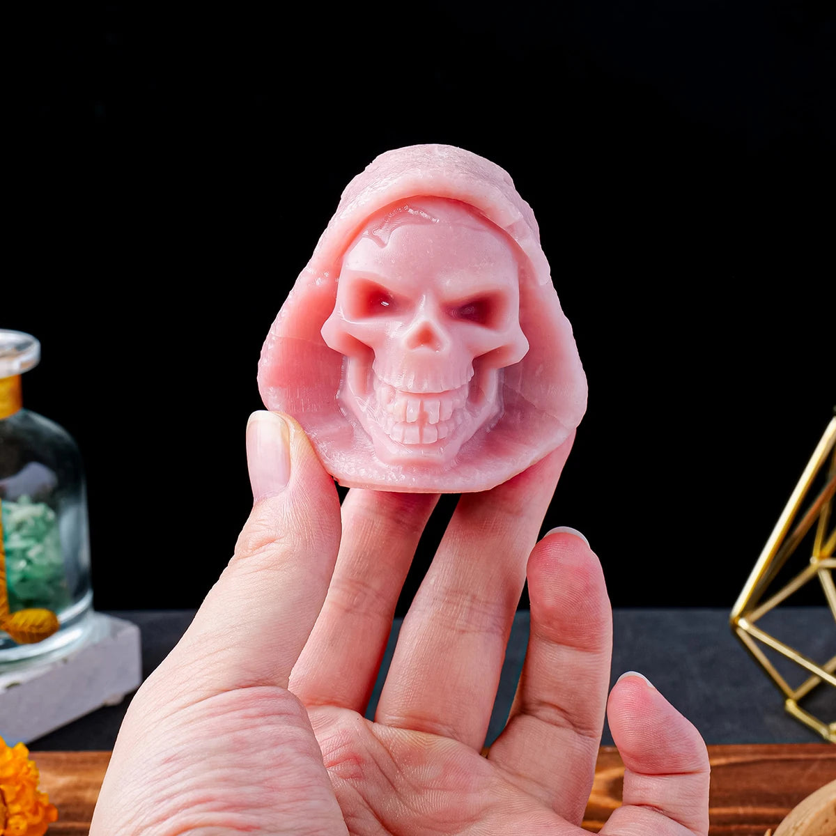 Natural Pink Opal Crystal Skull Carving - Handcrafted Gemstone Death Skull Statue for Halloween Decor, Home Altar, Gothic Collection & Spiritual Healing