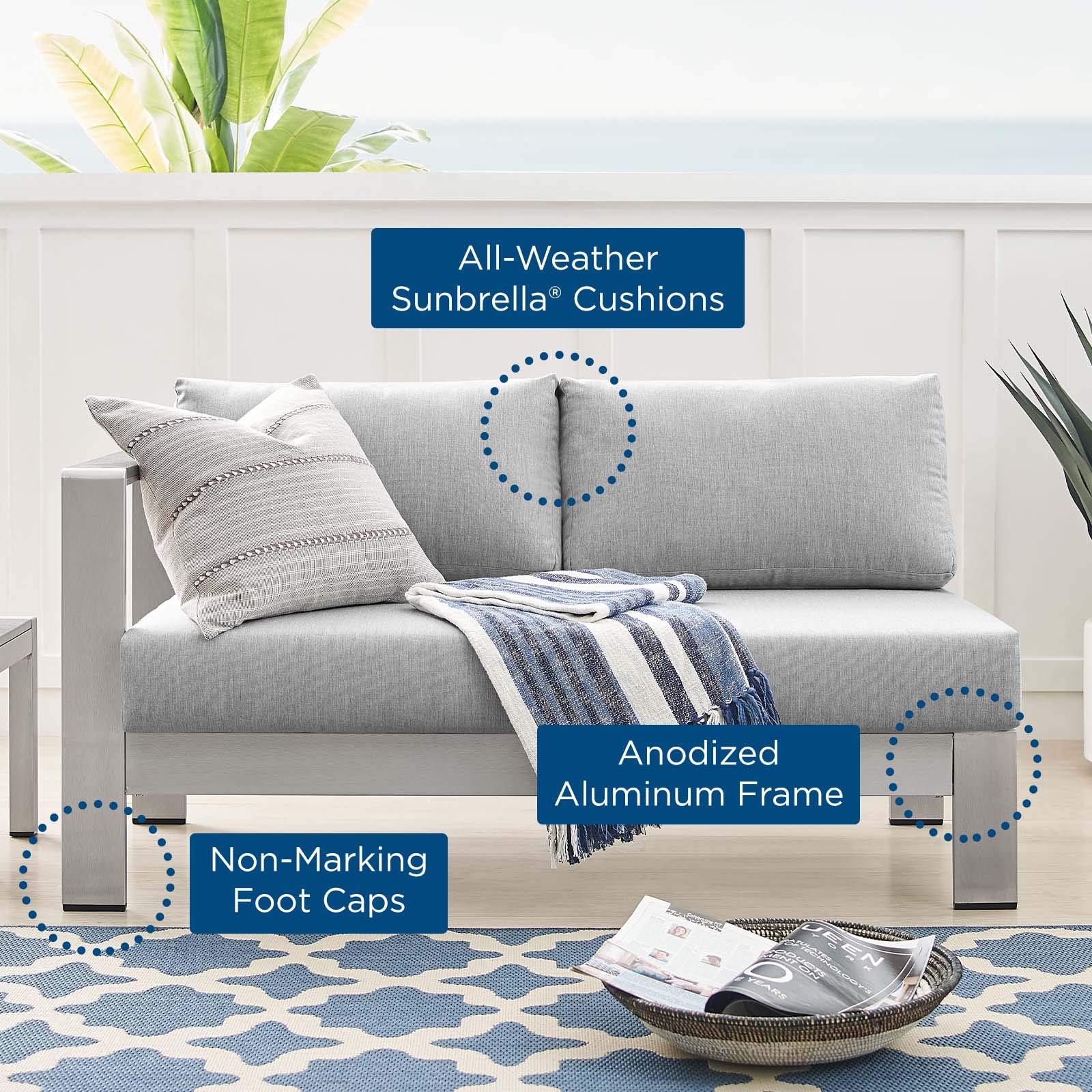 Modway Shore Sunbrella® Fabric Aluminum Outdoor Patio Left-Arm Loveseat in Silver Gray - Waterproof & UV Resistant for Poolside, Garden & Backyard Relaxation