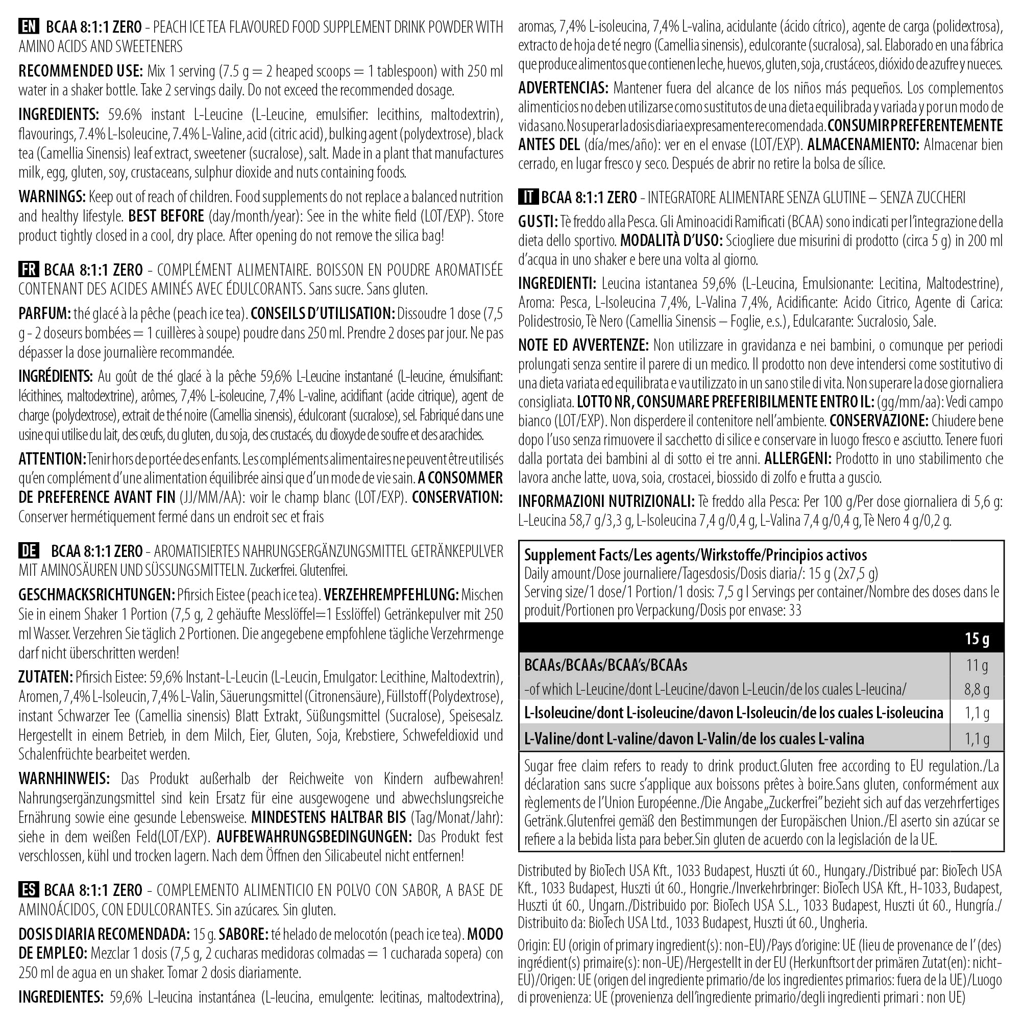 BioTechUSA BCAA 8:1:1 Zero - Peach Iced Tea Flavor, 250g Powder for Muscle Recovery & Endurance | Pre-Workout & Post-Workout Supplement for Athletes & Fitness Enthusiasts